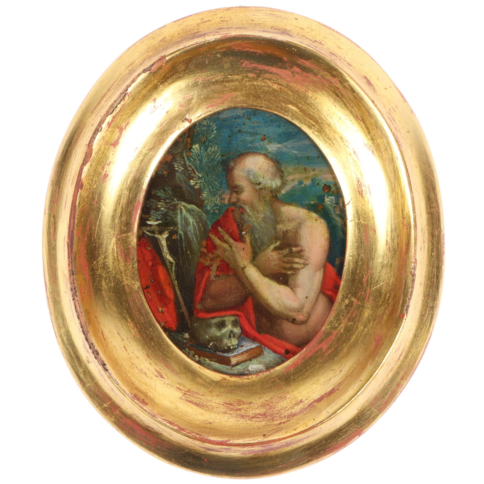Saint Jerome in the wilderness, antique vanitas miniature oval portrait oil painting on copper 3 (1 of 10)