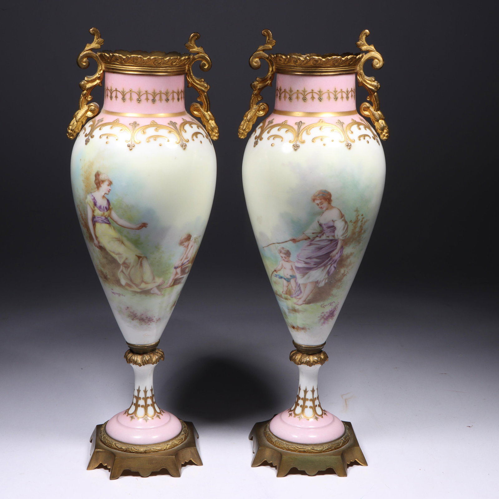 Pair of French pink Sevres style garniture vases with handpainted scenic mother and child imagery (1 of 19)