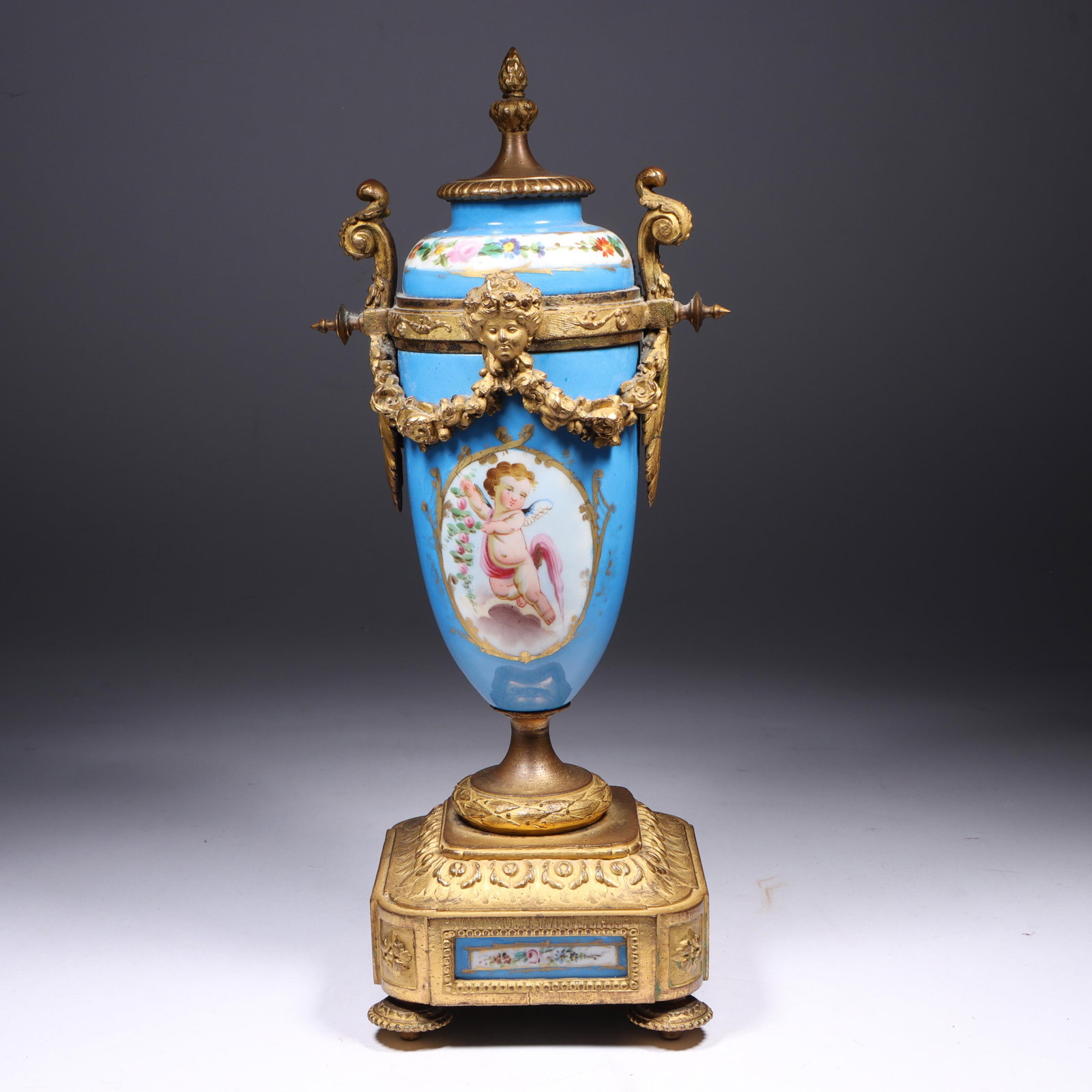 French Sevres celeste blue porcelain garniture urn with ornate ormolu gilt bronze mounts and cherub (1 of 12)