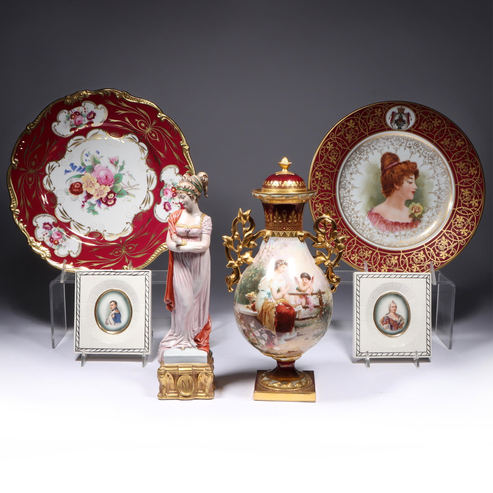 Antique decorative porcelain group, 6pc.; Royal Vienna style beehive covered urn signed Wagner (1 of 20)