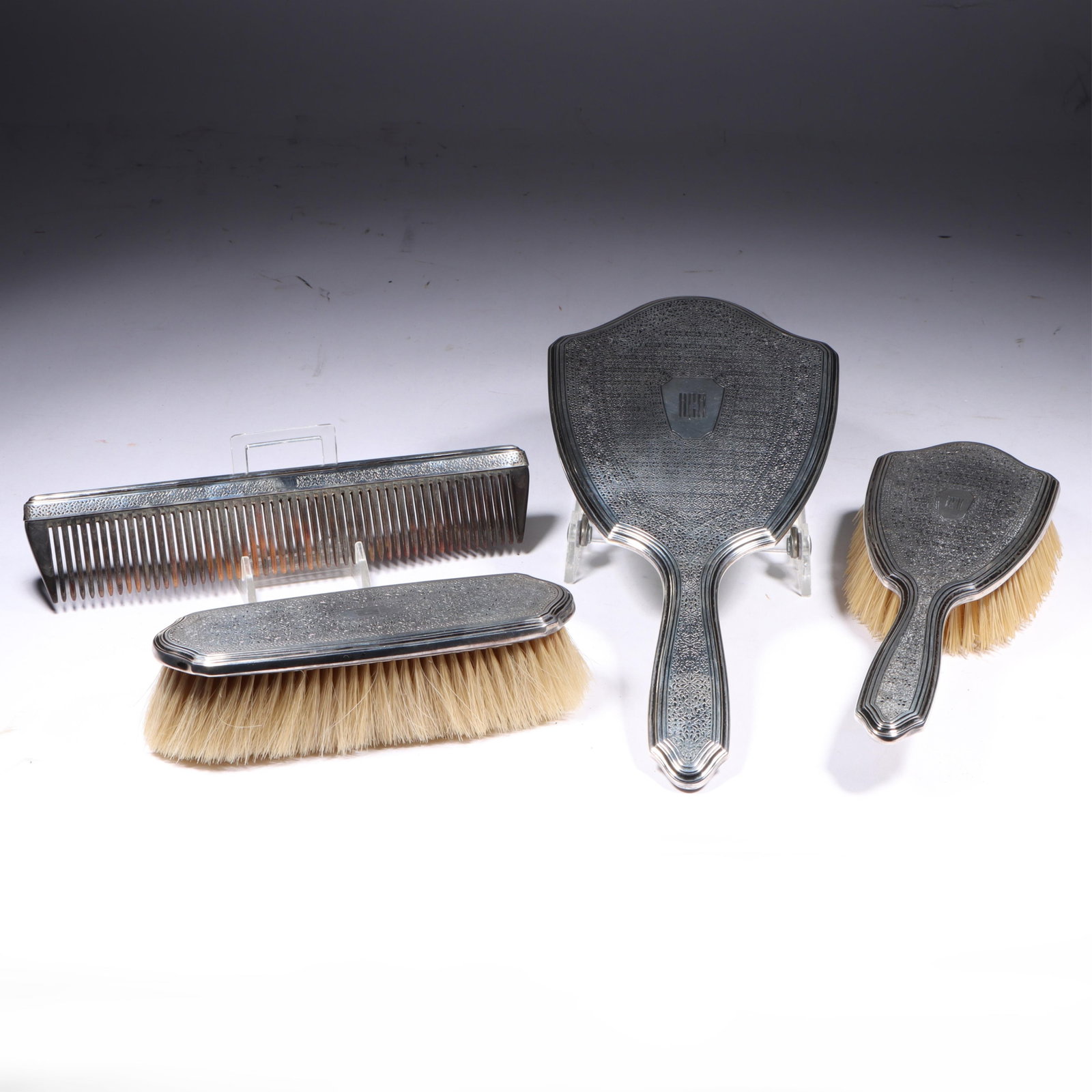 Tiffany & Co. Makers Sterling Silver Arabesque patterned Monogrammed Vanity Set, 4pc. 10 3/4"H x 4 (1 of 14)