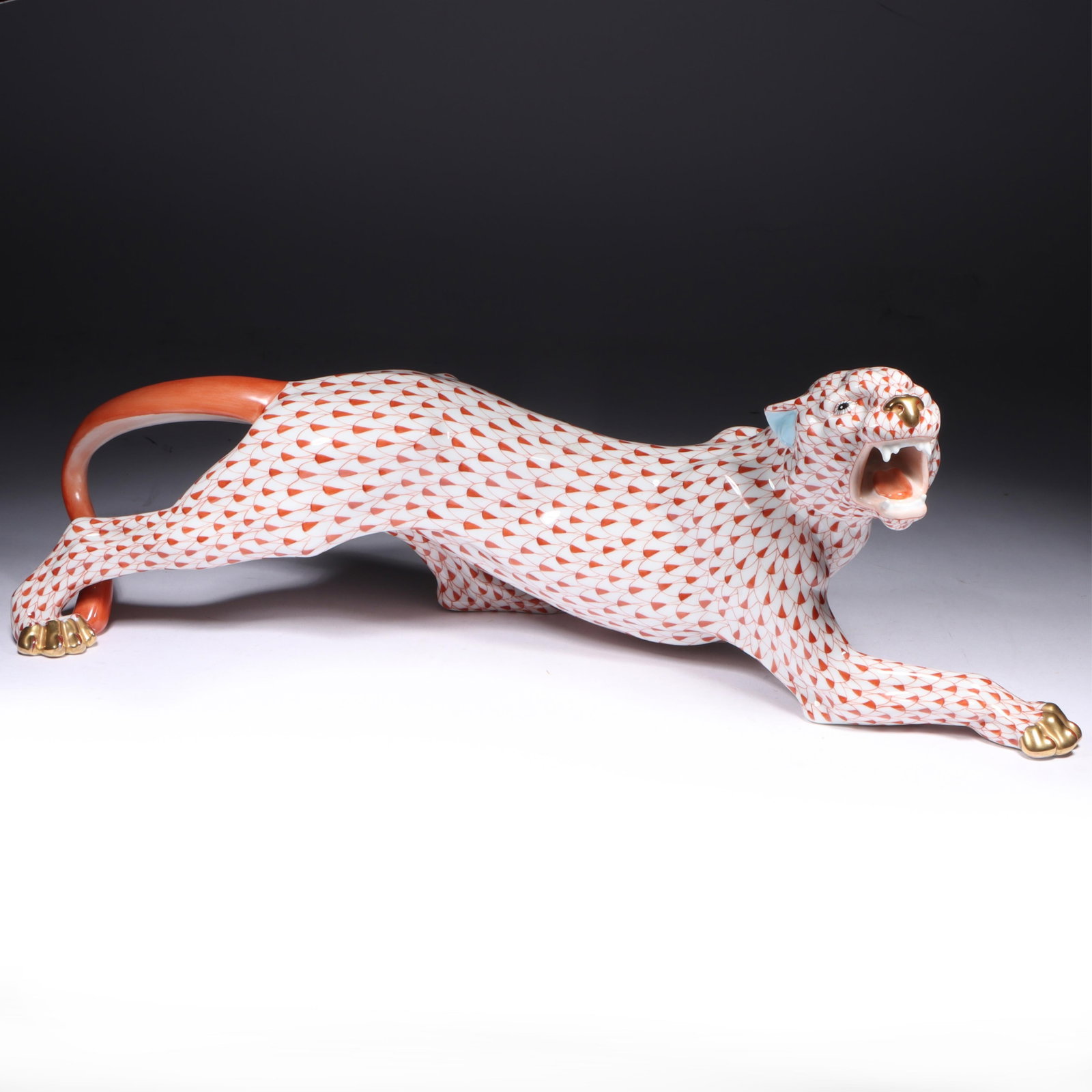 LARGE Herend panther stalking tiger red fishnet pattern porcelain figurine. 5 1/2"H x 18"W x 5 3/4"D (1 of 11)