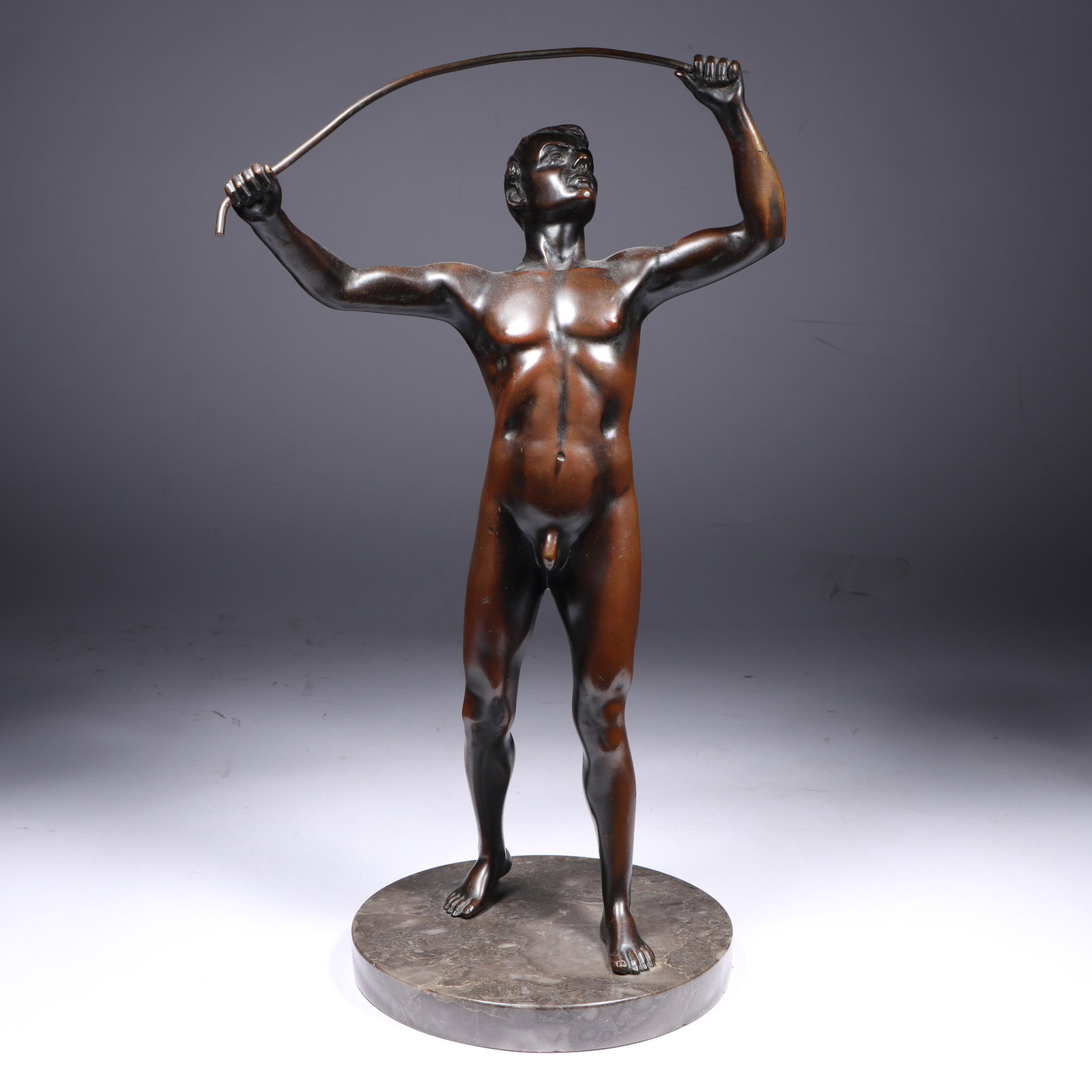 Wilhelm Schaffert, German, (1895 - 1915), bronze muscular athlete nude male Fencer cabinet sculpture: Wilhelm Schaffert, German, (1895 - 1915), bronze muscular athlete nude male Fencer cabinet sculpture on stone base. No mark found. On round marble base. Sword is missing and replaced with a rod. 14"H
