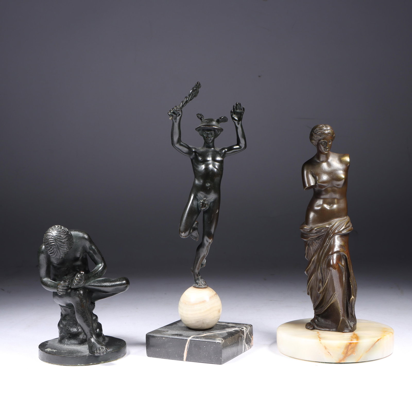 Three bronze Grand Tour cabinet sculptures; Venus de Milo, Mercury, and Spinario (boy with thorn). (1 of 10)