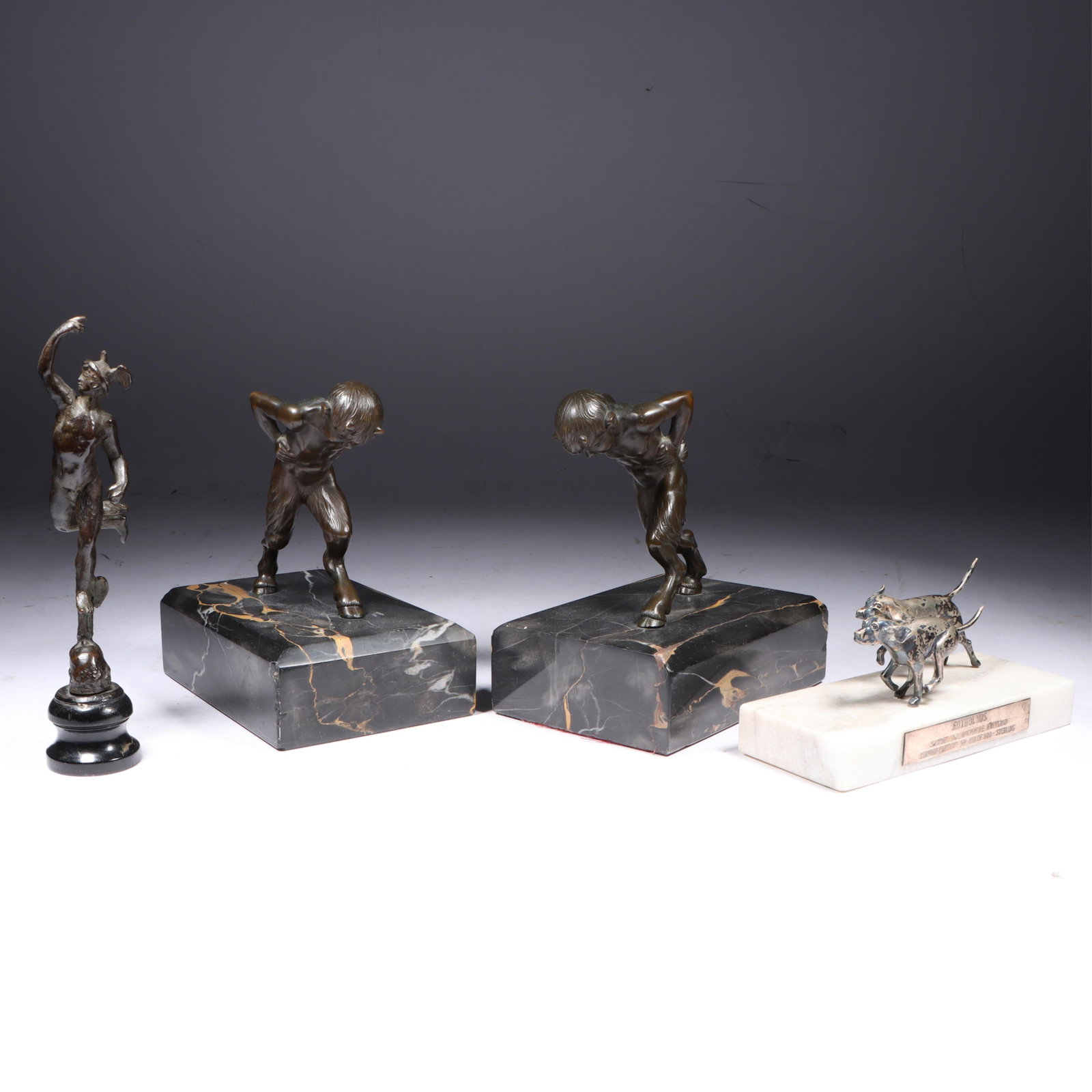 Group of four vintage cabinet sculptures: pair satyr bronze figures on marble bases, sterling silver (1 of 13)