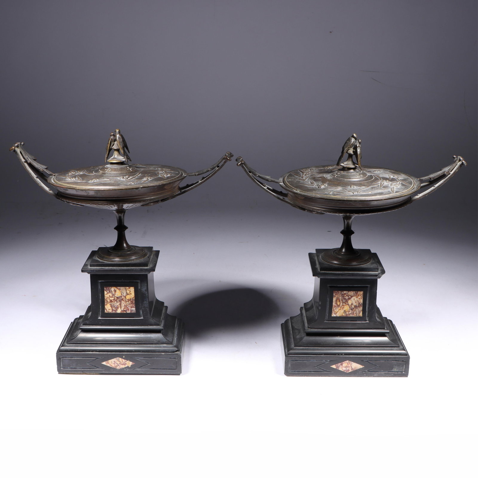 Pair French Restauration / Charles X 19th Century bronze garniture cassolette coupes mounted on (1 of 11)