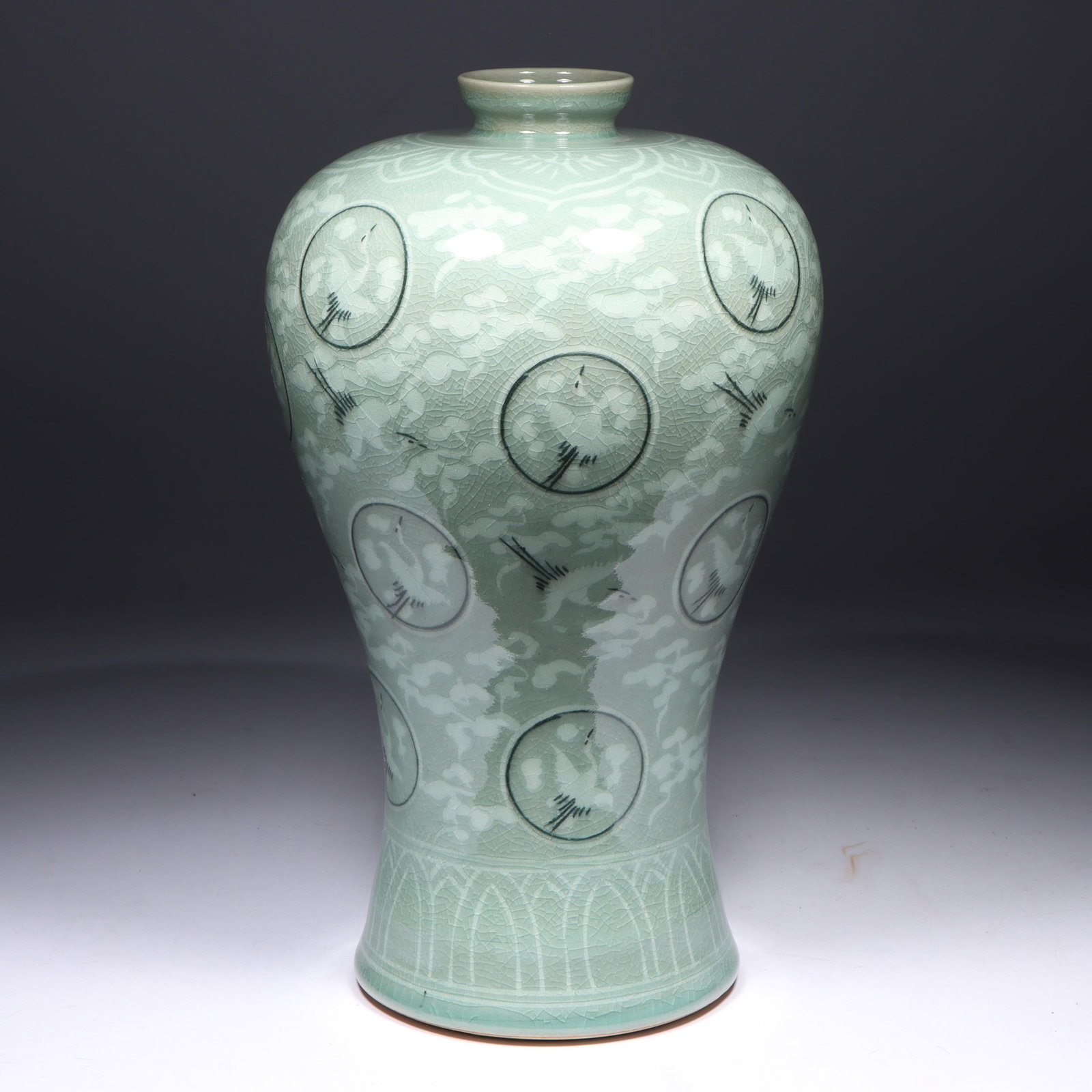 Korean Meiping porcelain celadon glaze vase with flying crane and cloud medallion motif. 11 3/4"H x (1 of 15)