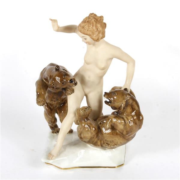 Hutschenreuther figurine; German porcelain Art Deco figure group of a young female nude with (1 of 7)
