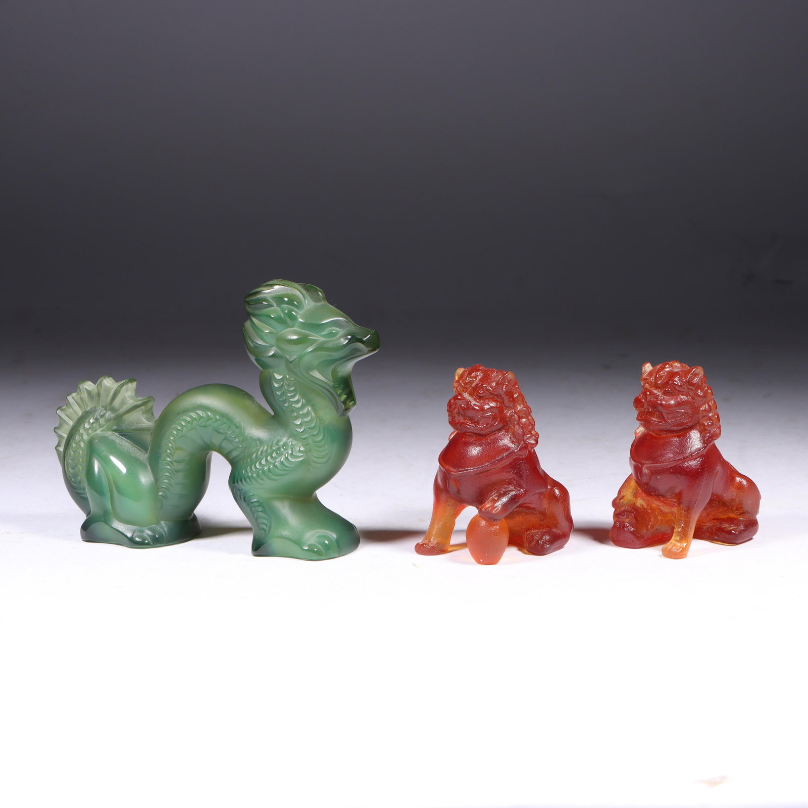 Lalique France green crystal dragon and two Daum pate de verre amber art glass foo dogs 3"H x 4"Long (1 of 17)