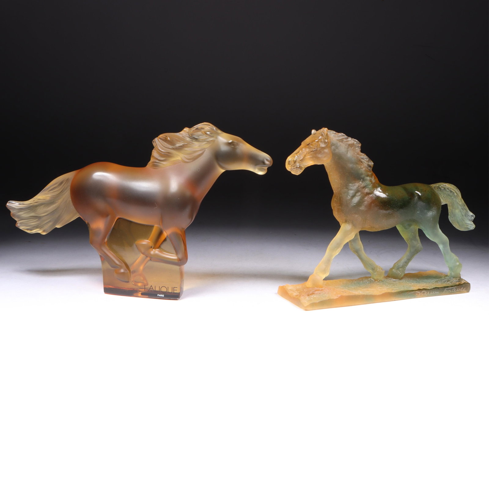 Two French art glass running horse figures; Lalique amber crystal, and Daum France pate de verre, (1 of 12)