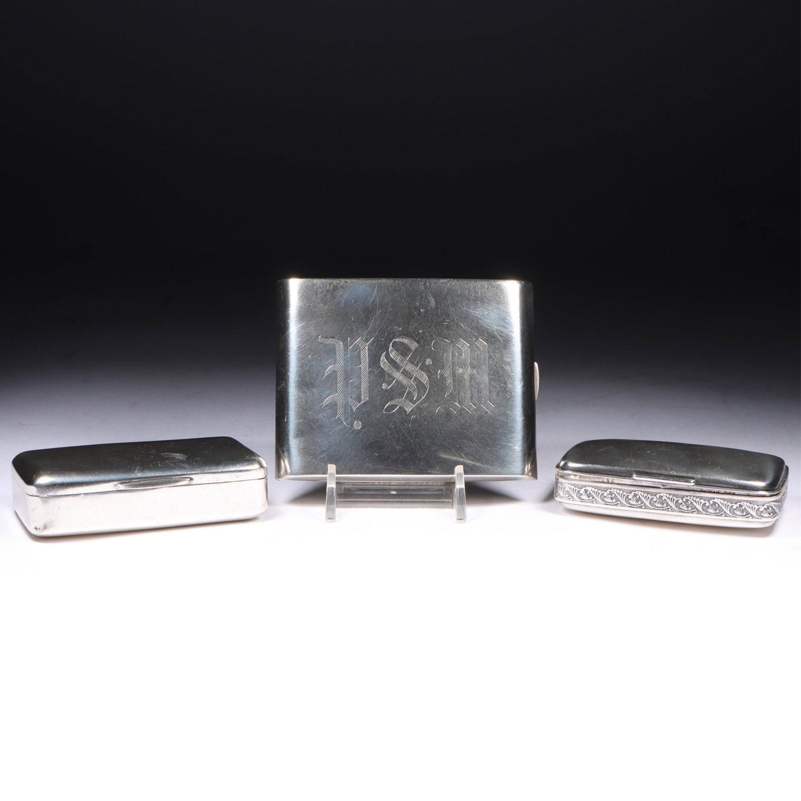Sterling Silver Monogramed Cigarette Case and Sterling Silver Snuff Boxes, 3pc, 9.646 Troy Oz. 3"H x (1 of 13)
