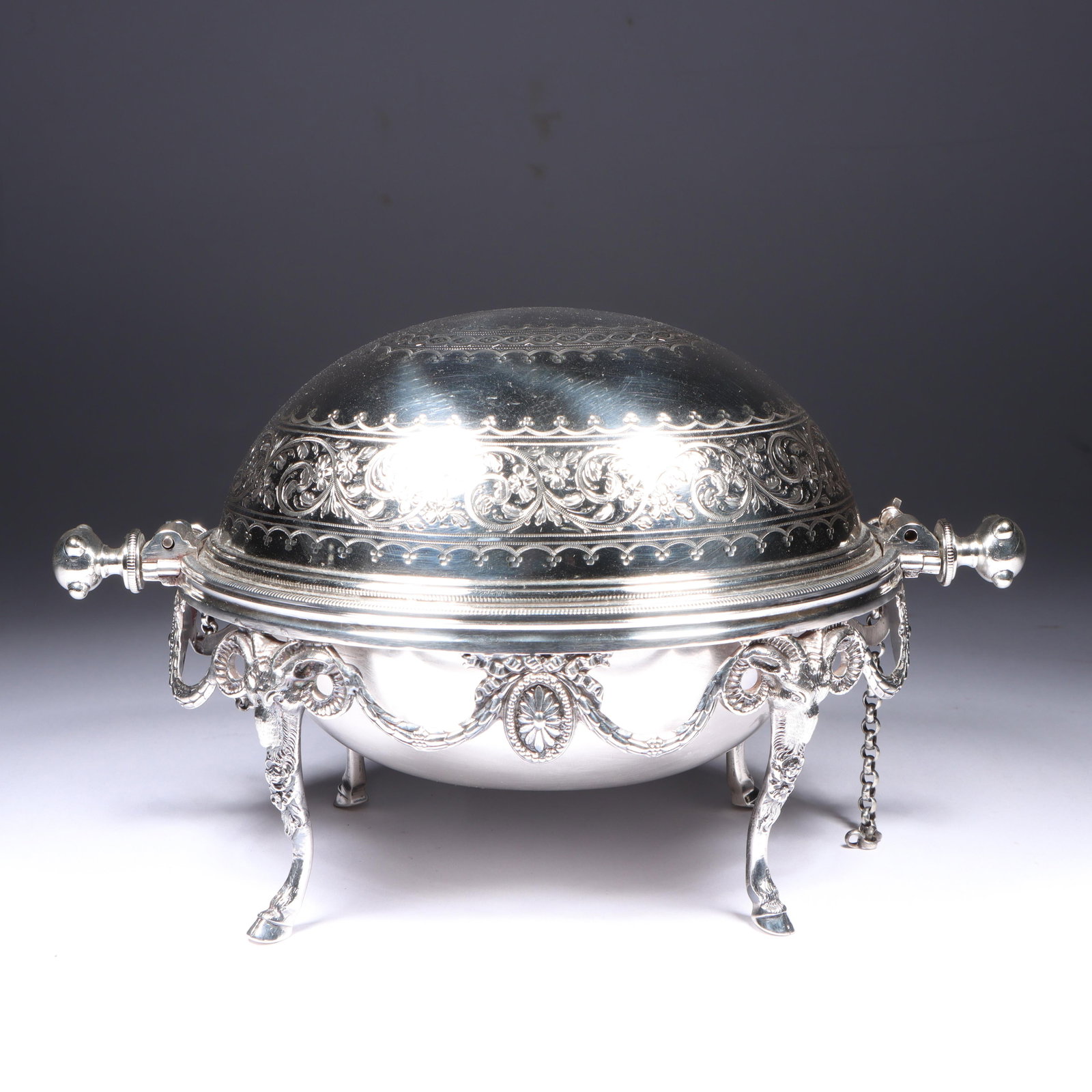 Antique Edwardian English Sheffield silver plated roll over covered butter dish with ram head cloven (1 of 14)