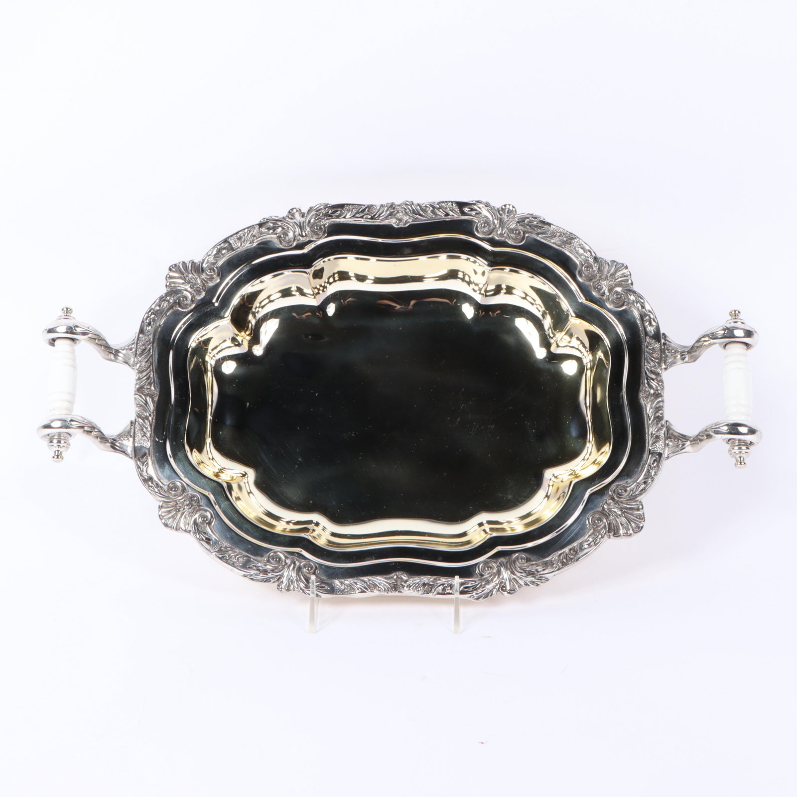 Ornate Victorian silver-plated deep serving tray with glass insert scroll handles and shell motif (1 of 10)