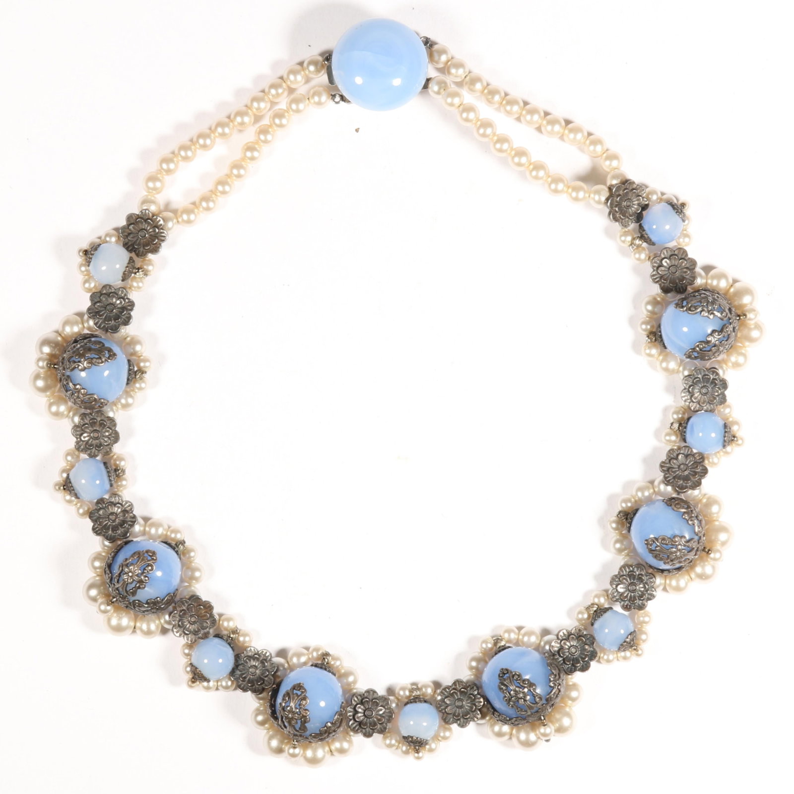 Louis Rousselet? blue glass necklace with floral motif and faux pearls 17"L x 1"W: Louis Rousselet? blue glass necklace with floral motif and faux pearls 17"L x 1"W