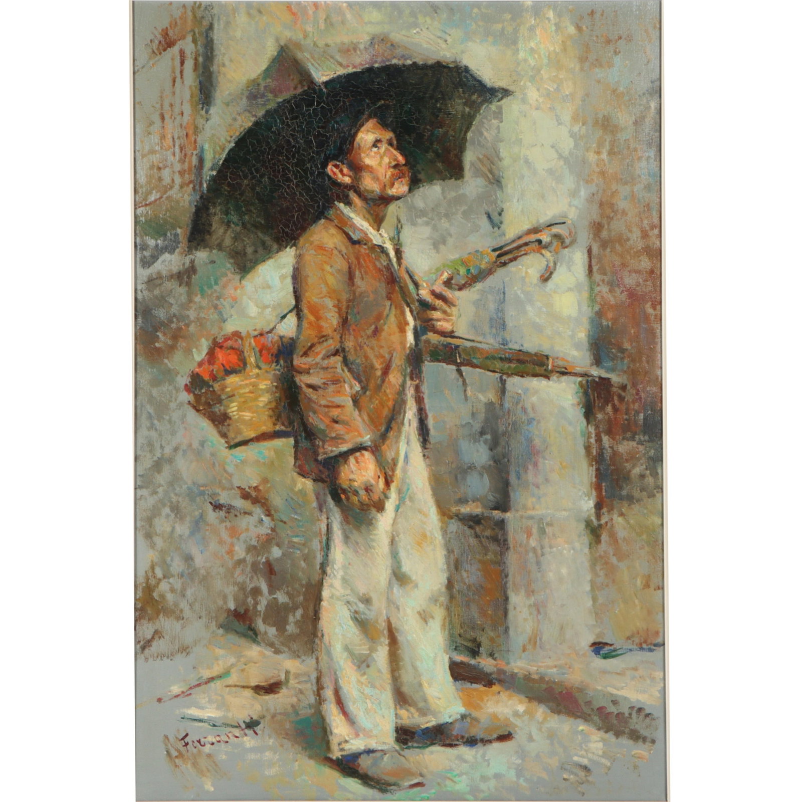 Carlo Ferranti, Italy (1840-1908), "Umbrella Seller", oil on canvas, 36"H x 24"W(stretcher), 43: Carlo Ferranti Italy (1840-1908) "Umbrella Seller" oil on canvas Signed to lower right. 36"H x 24"W(stretcher), 43 1/4"H x 31 1/2"W(frame)