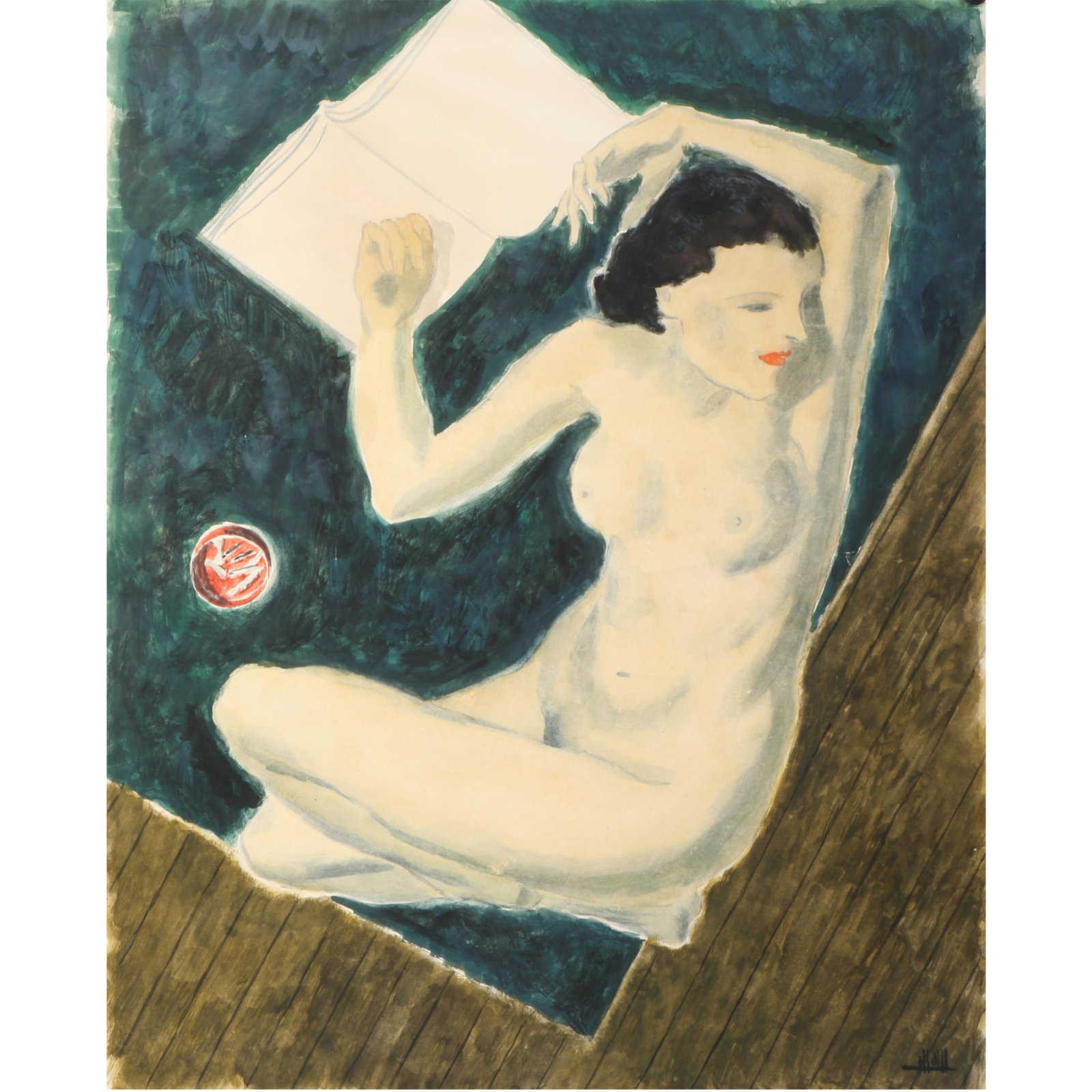 Unknown, (20th Century), reclining nude woman reading a book, ca.1930 Art Deco, gouache on paper, 16: Unknown (20th Century) reclining nude woman reading a book, ca.1930 Art Deco gouache on paper Illegibly signed lower left, possibly Hall? Top right corner torn. 16 1/4" x 13"