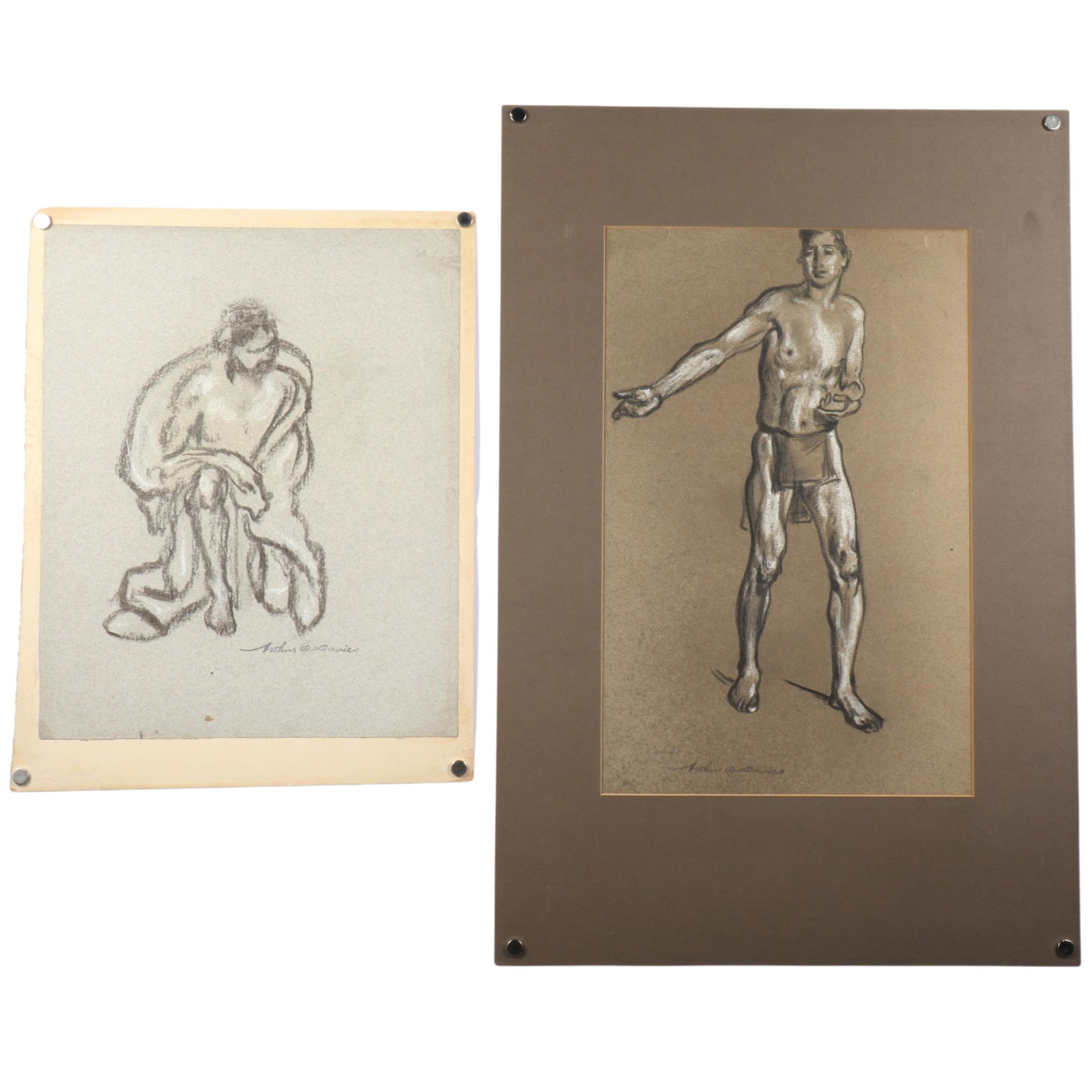 Arthur Bowen Davies, American (1862-1928), 2 male figure studies, charcoal and cont? crayon on: Arthur Bowen Davies American (1862-1928) 2 male figure studies charcoal and cont? crayon on paper Both signed lower edge. Biography from the Archives of askART: Born in Utica, NY in 1863 of Welsh desc