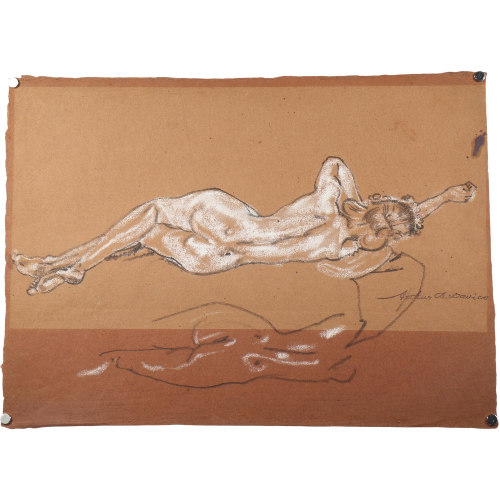 Arthur Bowen Davies, American (1862-1928), reclining female nude study, charcoal and cont?? on: Arthur Bowen Davies American (1862-1928) reclining female nude study charcoal and cont?? on paper Signed lower right. Stain on upper right portion of paper. Biography from the Archives of askART: Born
