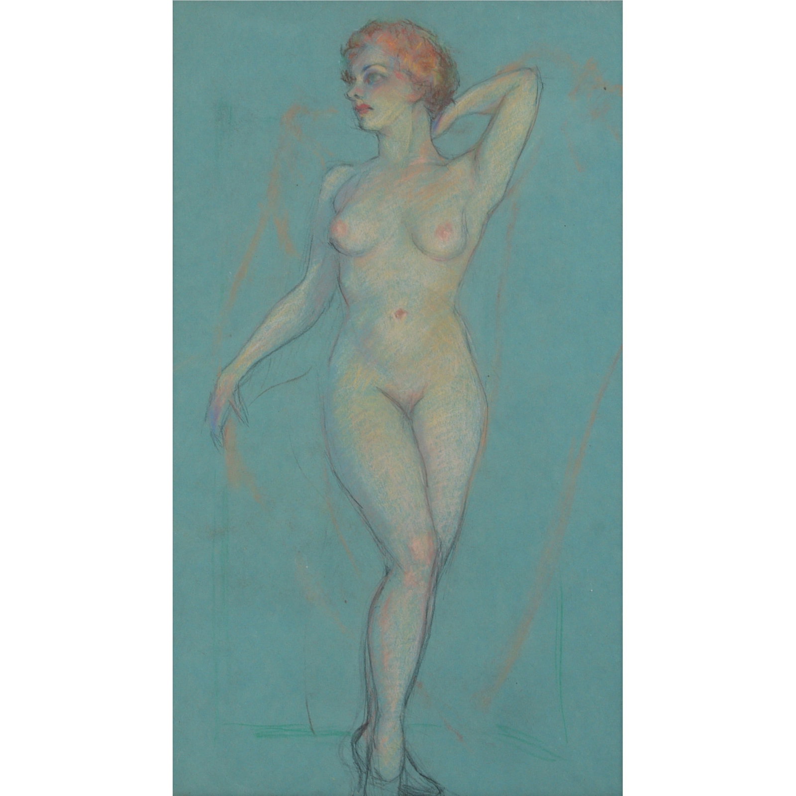 unknown, (20th Century), figure study of beautiful nude model ca.1930, pastel on blue green paper, (1 of 5)