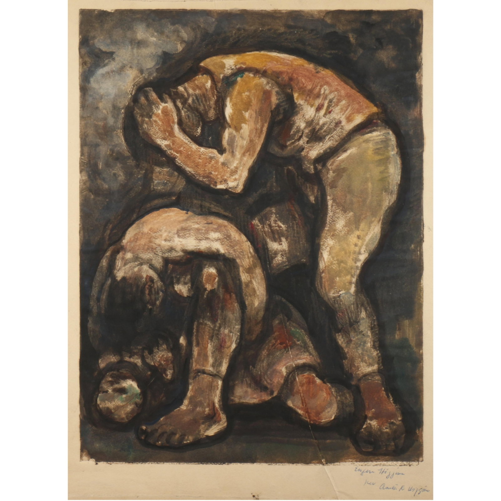 Eugene Higgins, American (1874-1958), wrestling figures, monotype, 16"H x 12"W (plate), 18 1/4"H x: Eugene Higgins American (1874-1958) wrestling figures monotype signed "Eugene Higgins per Anita Rio Higgins" lower right Biography from the Archives of askART: Eugene Higgins, a painter and etcher, re