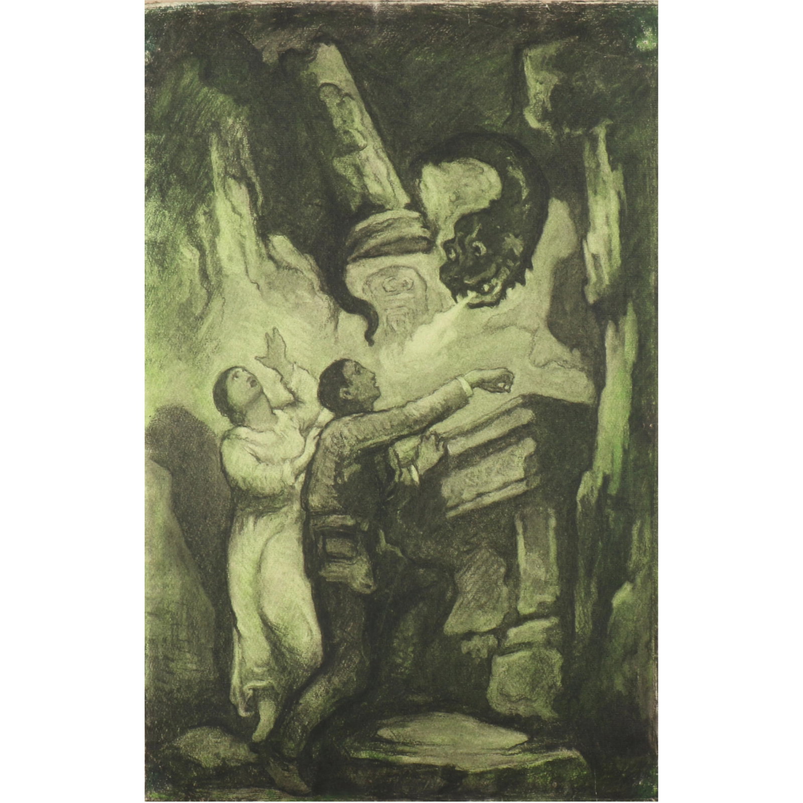 Eugene Higgins, American (1874-1958), figures battling a mythical beast / dragon, Pastel/charcoal (1 of 6)