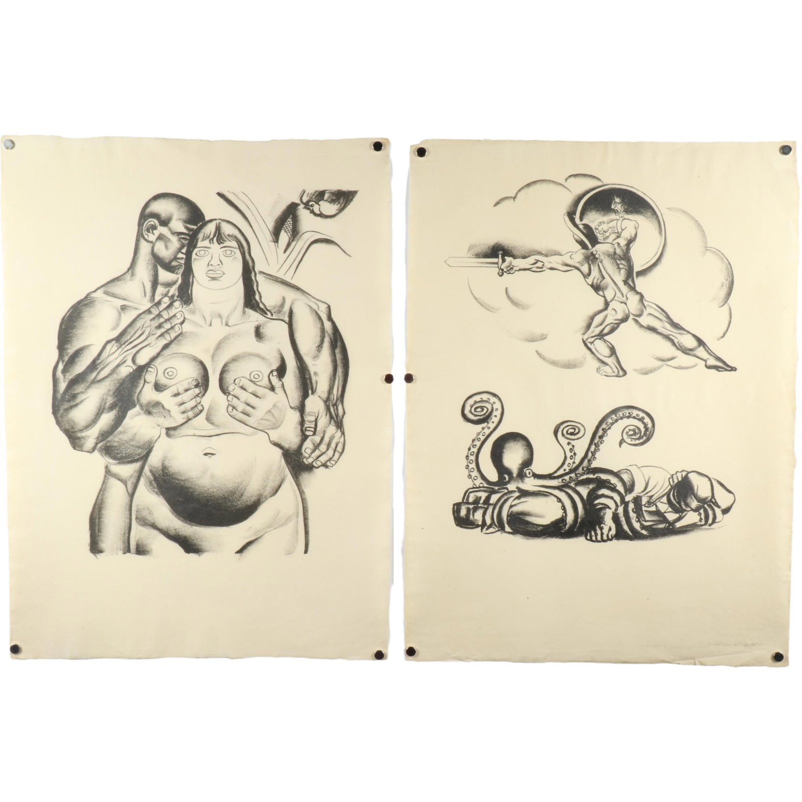 Hugo Gellert, Hungary (1892-1985), nude male and female and octopus battle, 2 lithograph prints,: Hugo Gellert Hungary (1892-1985) nude male and female and octopus battle 2 lithograph prints creasing on bottom right and upper left 20"H x 14 1/2"W (Sheet)