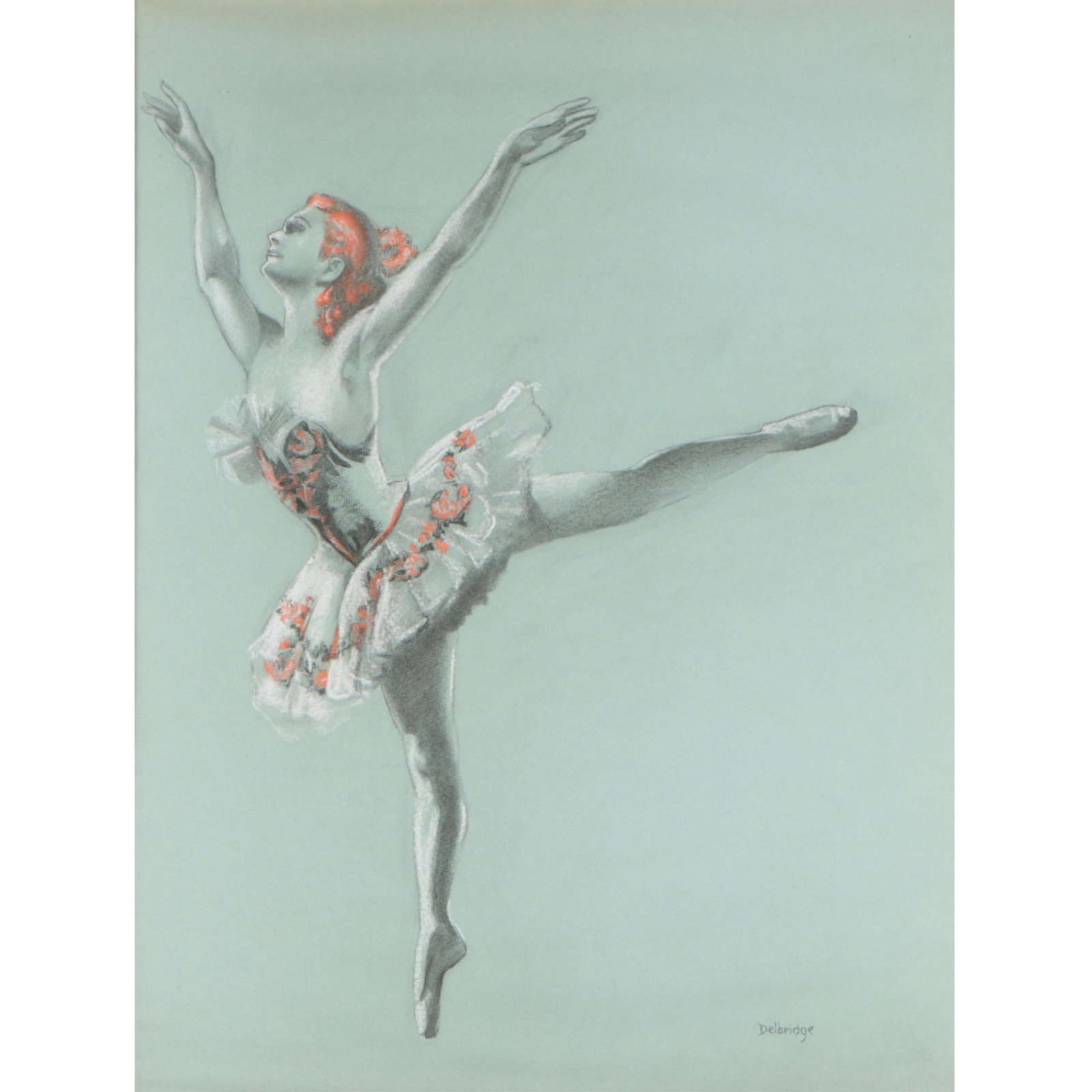Thomas Delbridge, American (b.1894), Ballerina in tutu, pastel on blue paper, 24 1/4"H x 18: Thomas Delbridge American (b.1894) Ballerina in tutu pastel on blue paper Signed to lower right. Biography from the Archives of askART: A painter, etcher, craftsman, and teacher, he was born in Atlant