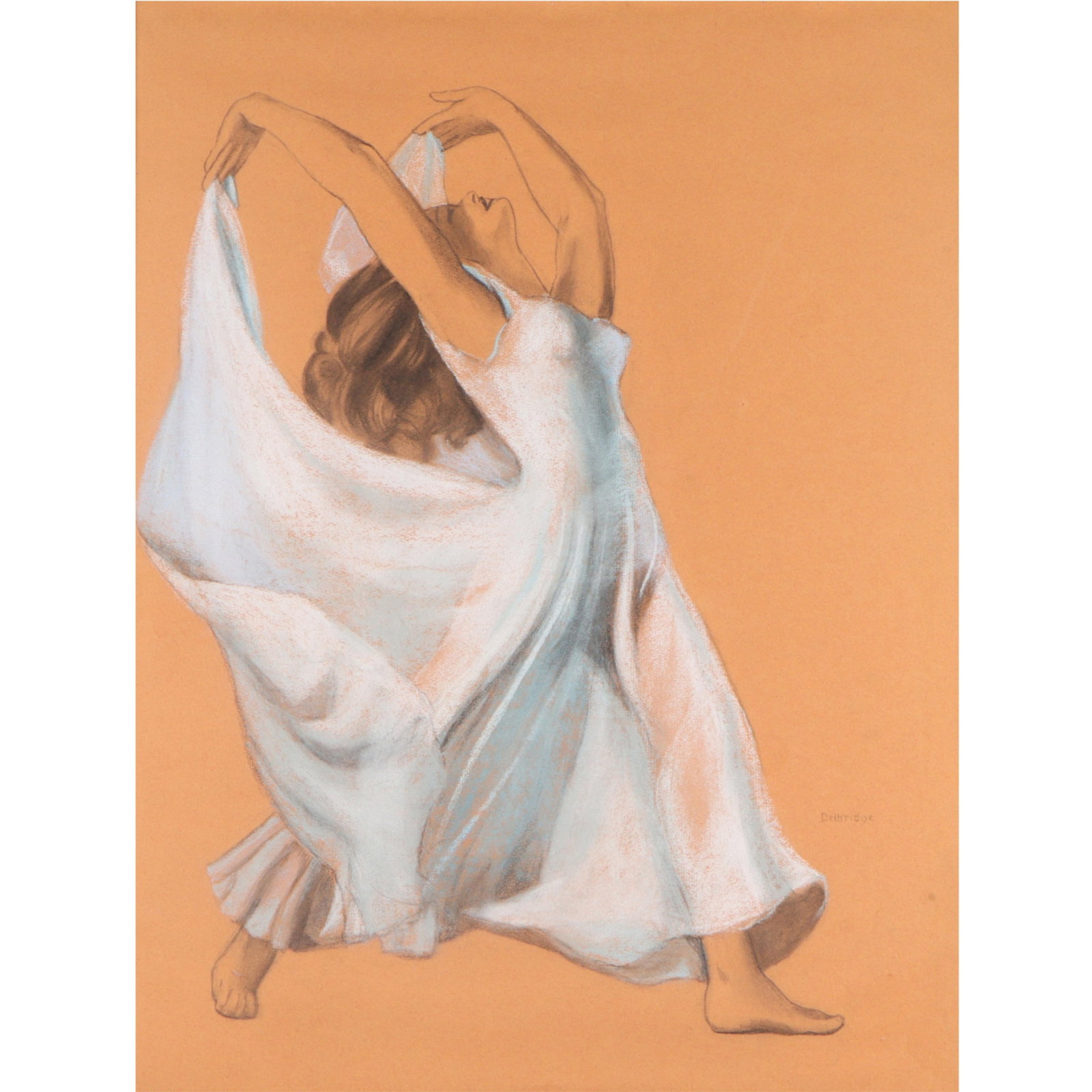 Thomas Delbridge, American (b.1894), female dancer in white gown, pastel on tan paper, 24 1/4"H x 18: Thomas Delbridge American (b.1894) female dancer in white gown pastel on tan paper Signed lower right. Biography from the Archives of askART: A painter, etcher, craftsman, and teacher, he was born in 