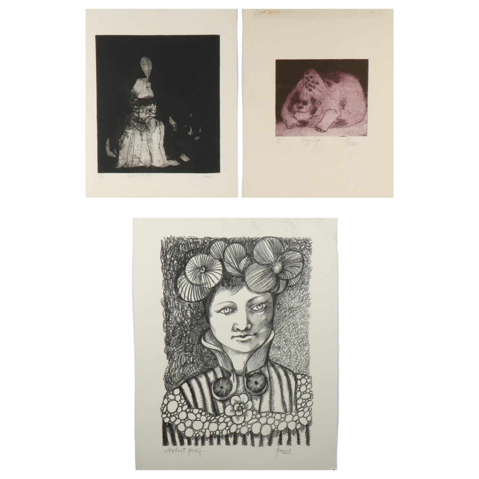 Peter Paone, New York (b.1936), abstracts and portrait, Three prints, 5"H x 6"W (Plate), 13"H x 10"W: Peter Paone New York (b.1936) abstracts and portrait Three prints Two etchings, one aquatint (Top), one lithograph Bottom marked artist prof All signed in pencil lower right. Biography from the Archiv