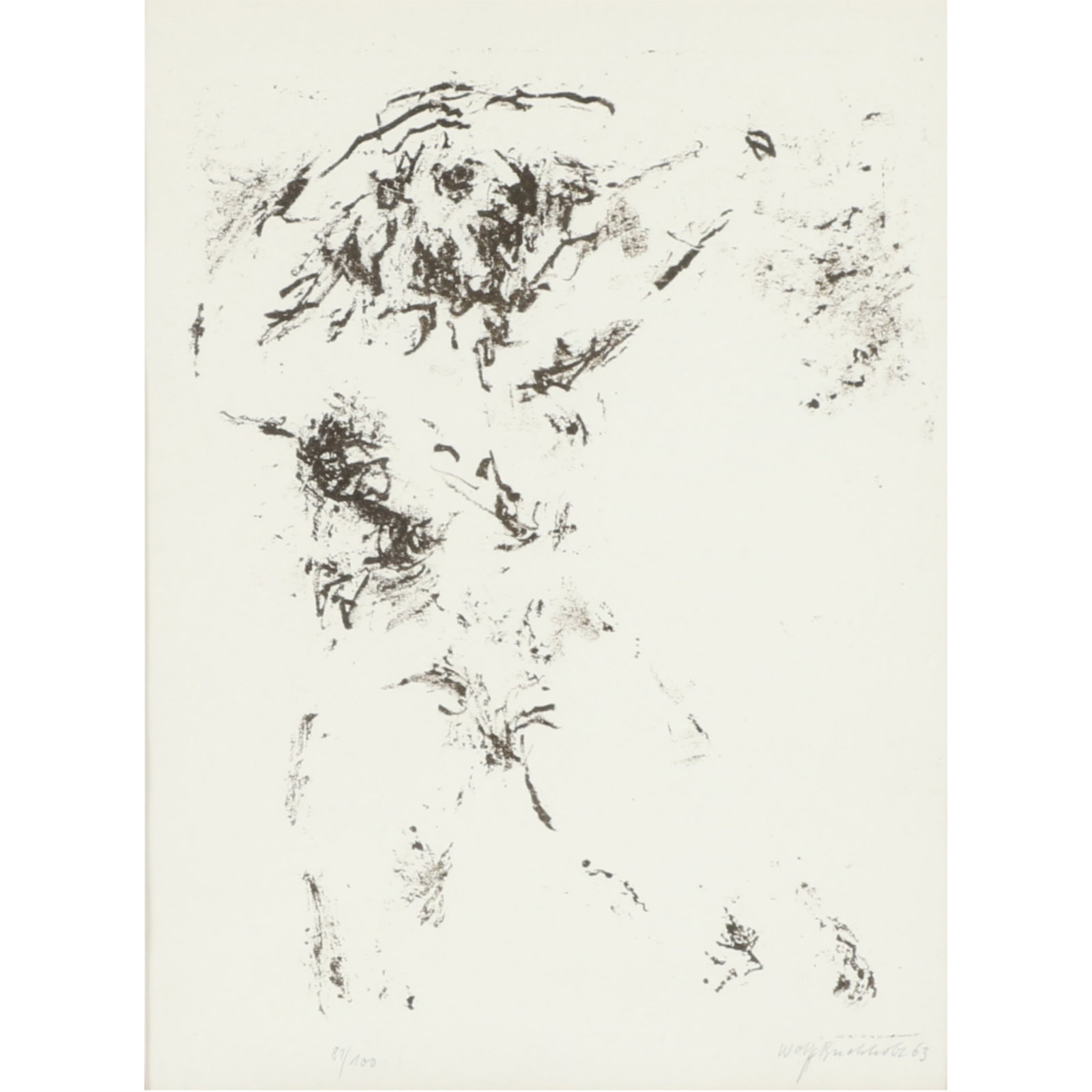 Wolff Buchholz, Germany (b.1935), abstract figure, 1963, lithograph, 20 1/4"H x 16 1/4"W (frame): Wolff Buchholz Germany (b.1935) abstract figure, 1963 lithograph Pencil signed and dated lower right, numbered 87/100. Wolff Buchholz (1935-) is a printmaker and painter, born in Hamburg, Germany. Buc