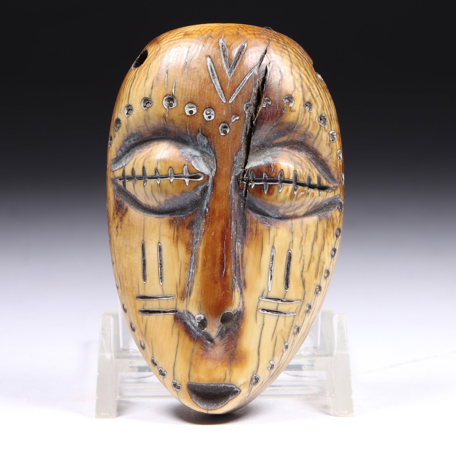 African Lega Lukungu carved bone mask pendant, Democratic Republic of Congo 3"H x 2"W (1 of 8)