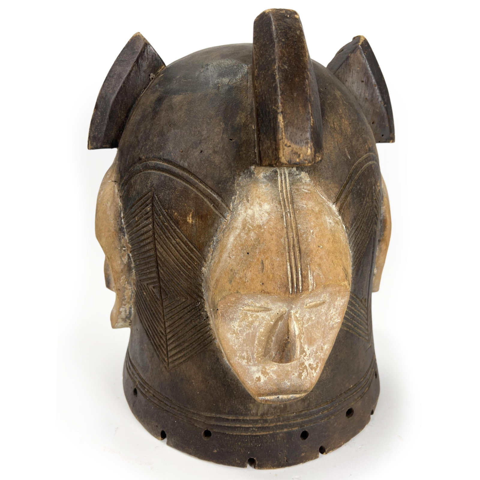 Fang Ngontanga Four-Faced Helmet Mask, large carved wood ceremonial headdress 13 3/4"H x 12" Diam. (1 of 8)