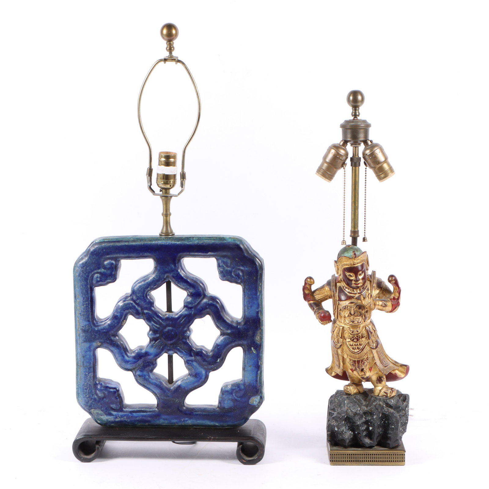 Two vintage lamps: Chinese gilt lacquerwood Immortal God of Prosperity figure, blue glazed ceramic (1 of 13)