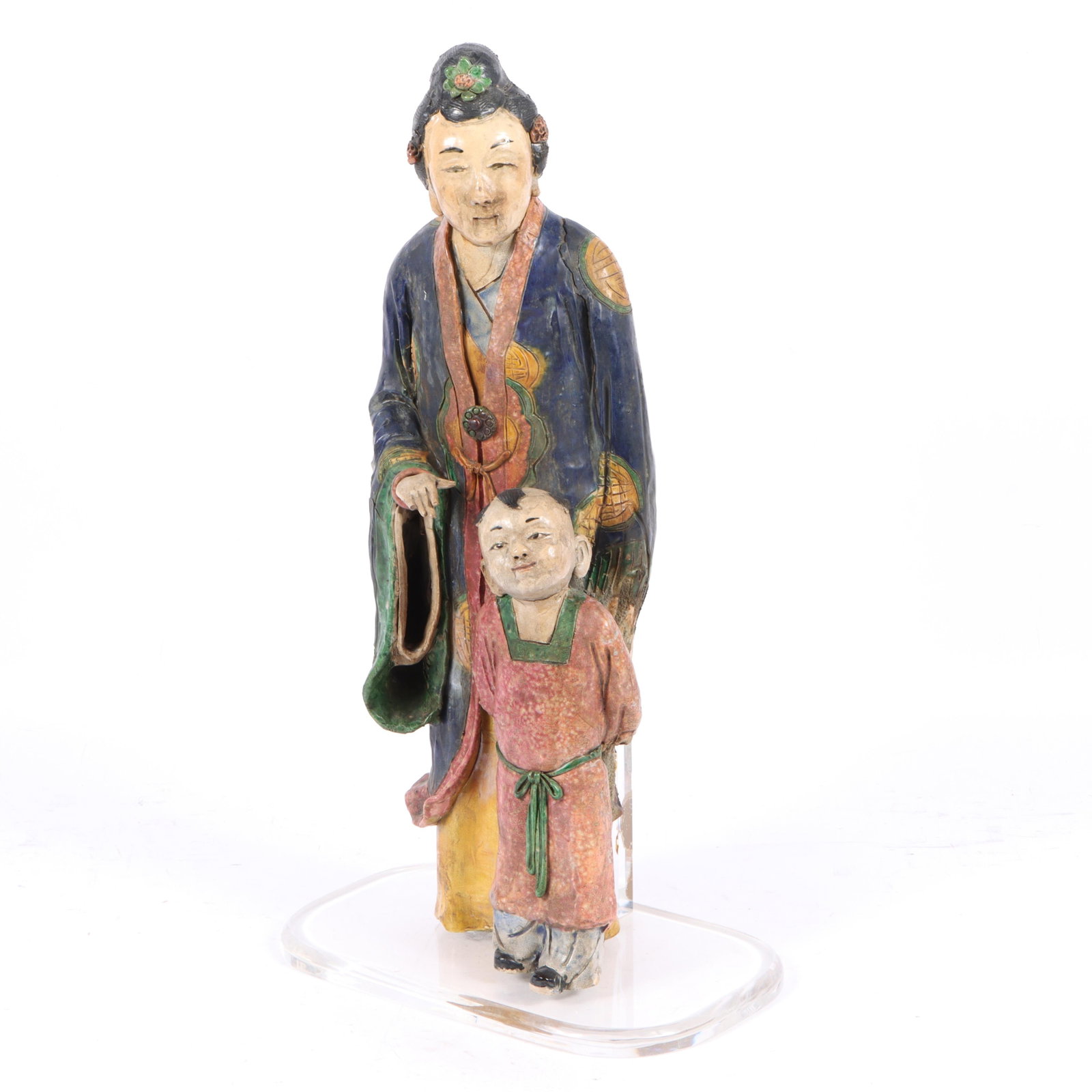 Chinese 25inch polychrome glazed pottery figure group; court attendant and child. 24 3/4"H x 8 (1 of 17)