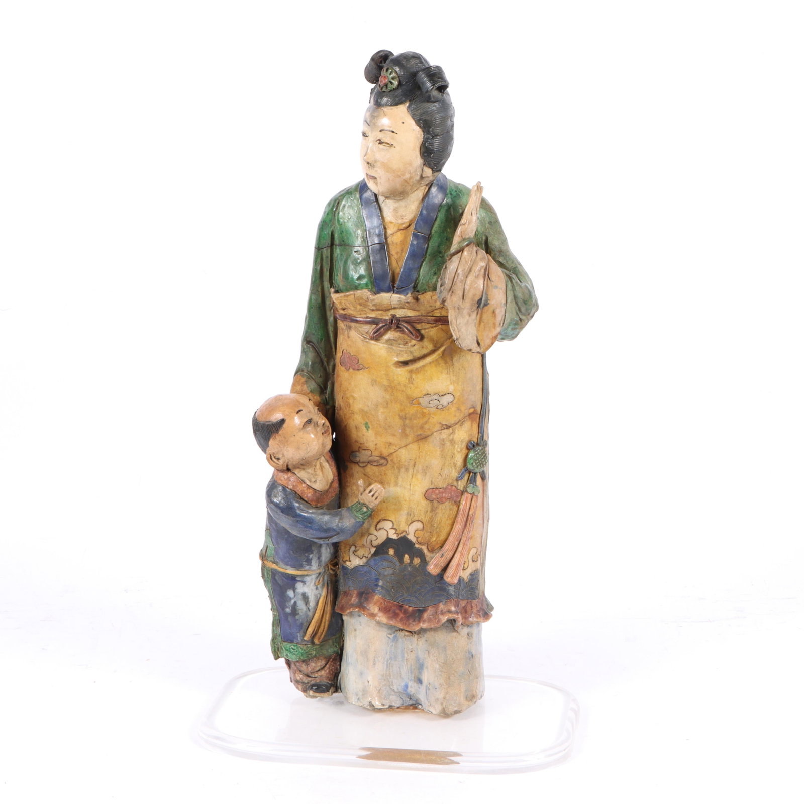 Chinese 25inch polychrome glazed pottery figure group; court attendant and child. 24 3/4"H x 10"W (1 of 17)