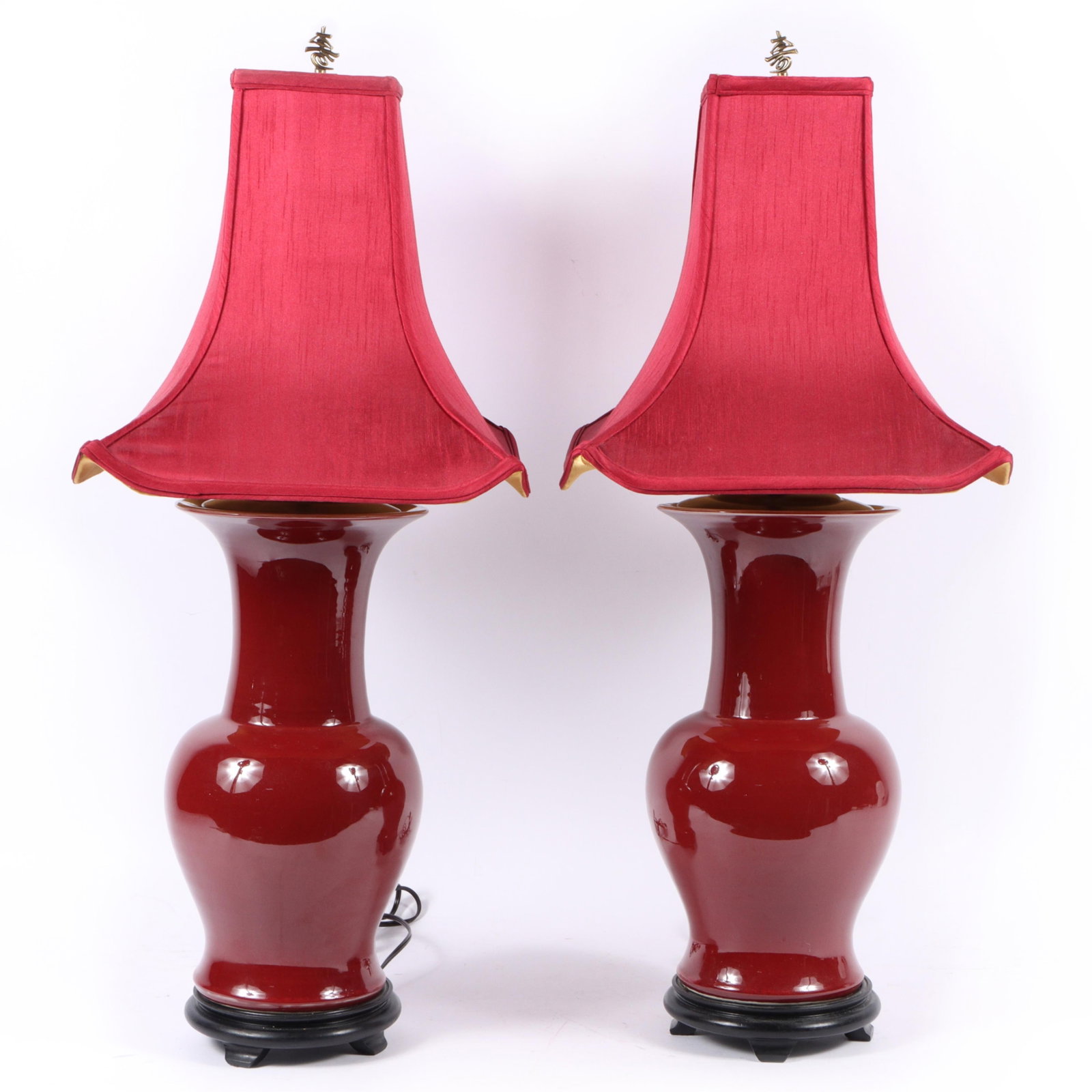 Pair Chinese Sang de Boeuf porcelain vase lamps. 24"H x 9"Diam. (one lamp measured): Pair Chinese Sang de Boeuf porcelain vase lamps. 24"H x 9"Diam. (one lamp measured)