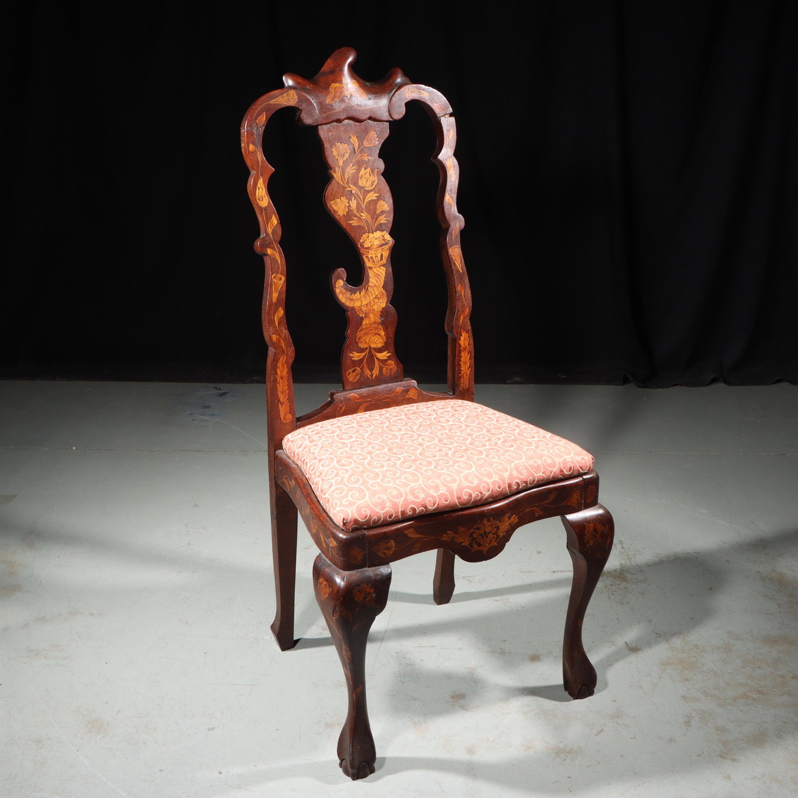 Antique 19th Century Dutch marquetry inlaid side chair with upholstered seat, cabriole legs, and (1 of 16)