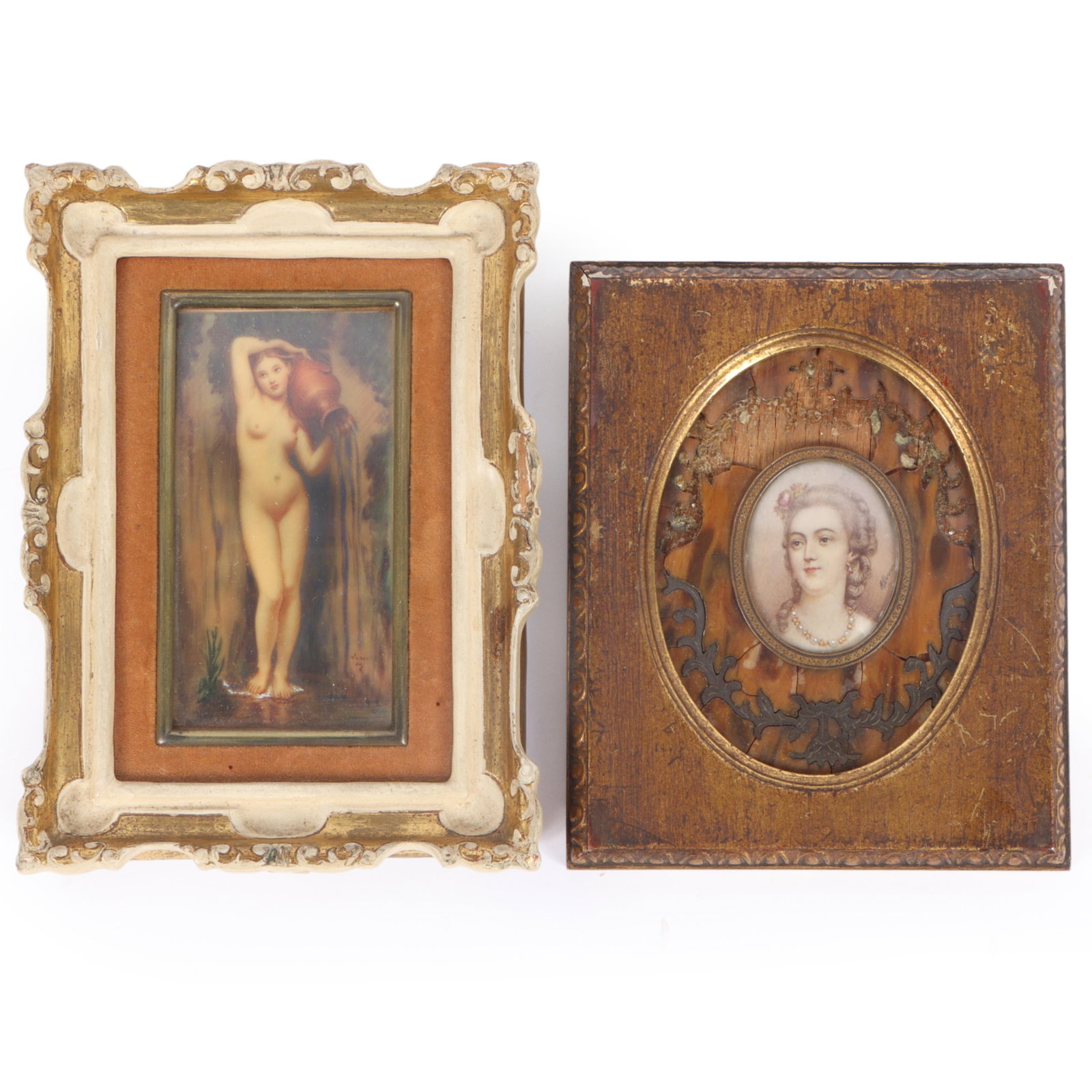 Two antique miniature paintings on bone; portrait of a woman and female nude with urn. 6 1/2?H x: Two antique miniature paintings on bone; portrait of a woman and female nude with urn. 6 1/2?H x 5?W(largest)