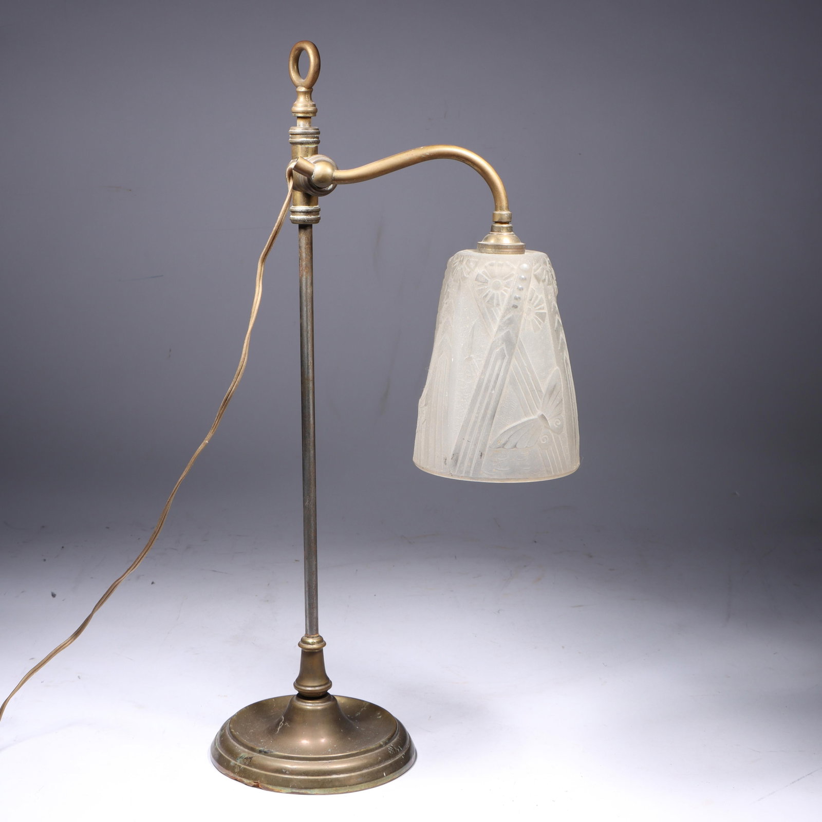 French Art Deco 1920s brass lamp with frosted glass shade featuring geometric bands with florals and (1 of 14)
