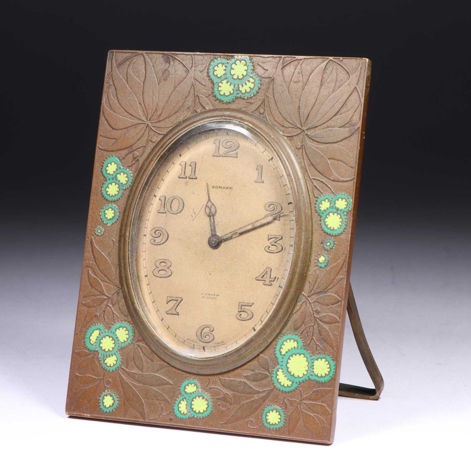Gorham Art Deco Swiss made Zenith 8 days gilded bronze clock with cloisonne enamel by Gorham 4 3/4"H (1 of 14)