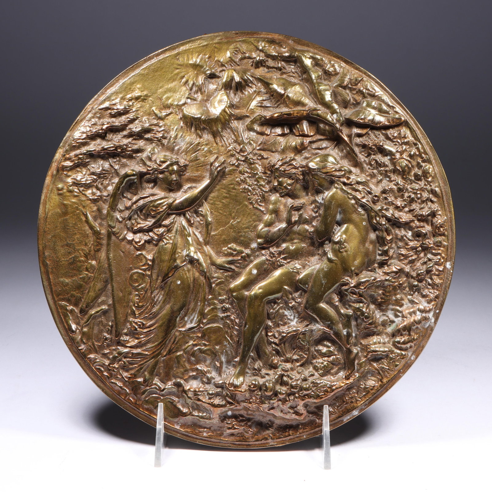Antique Bronze Plaque of Milton's Paradise Lost, Adam and Eve bas relief. 9 1/2 inch diameter (1 of 11)