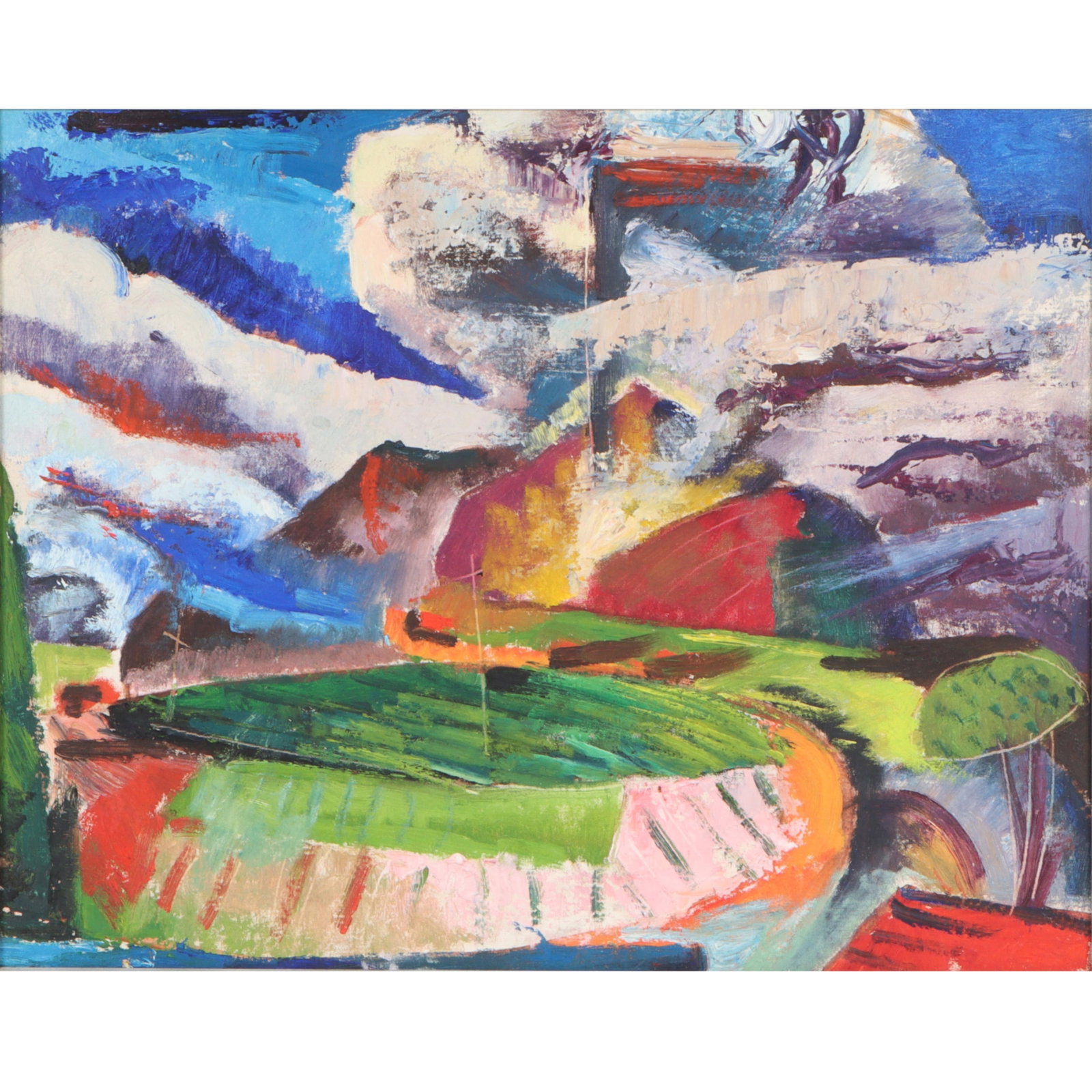 Beulah (Elsie Sloan) Stevenson, New York (1890/97-1965), abstract landscape, 1947, oil on board,: Beulah (Elsie Sloan) Stevenson New York (1890/97-1965) abstract landscape, 1947 oil on board dated verso. Biography from Butler Institute of American Art: Beulah Stevenson was born 1895 in Brooklyn He