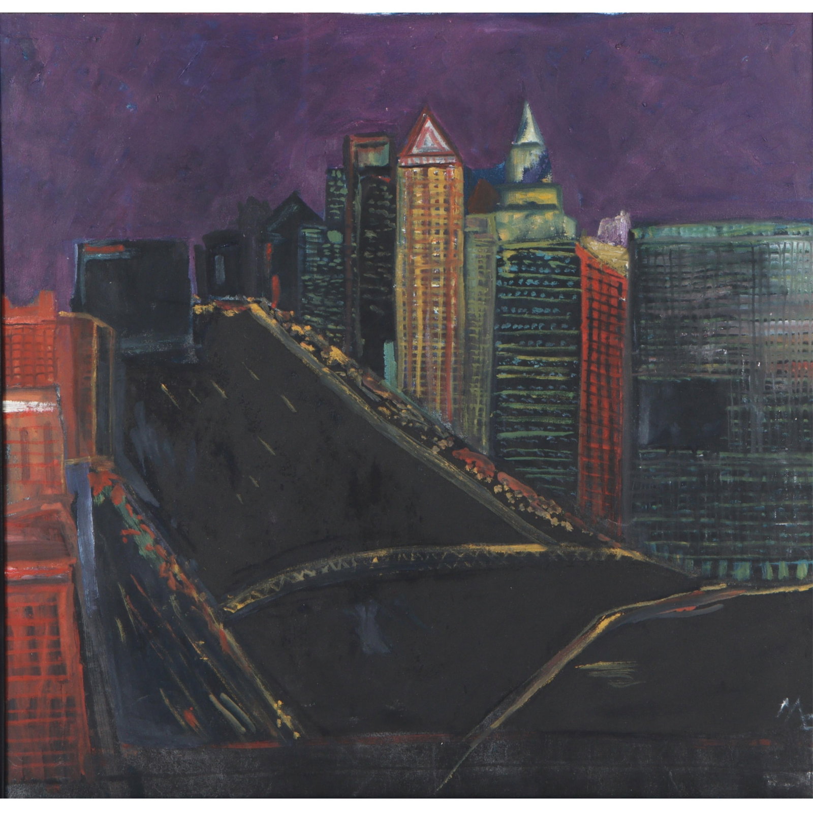 Mae Alice Engron, Indiana (1933-2007), Chicago? river at night, cityscape, oil on canvas, 29"H x: Mae Alice Engron Indiana (1933-2007) Chicago? river at night, cityscape oil on canvas Signed with initials lower right. Biography from the Archives of askART: Mae Alice Engron was born, raised and die