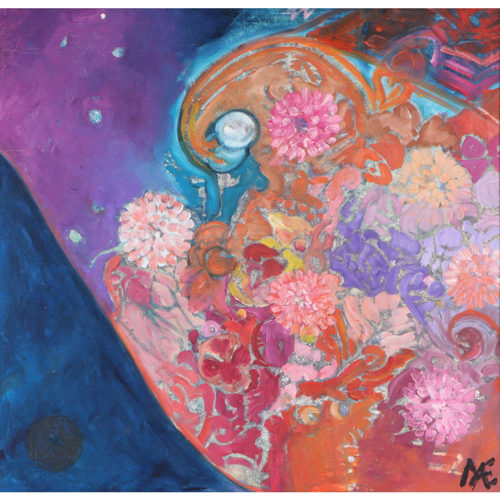 Mae Alice Engron, Indiana 1933-2007, floral abstract, oil on canvas, 29 1/4"H x 30"W(stretcher), 30 (1 of 16)