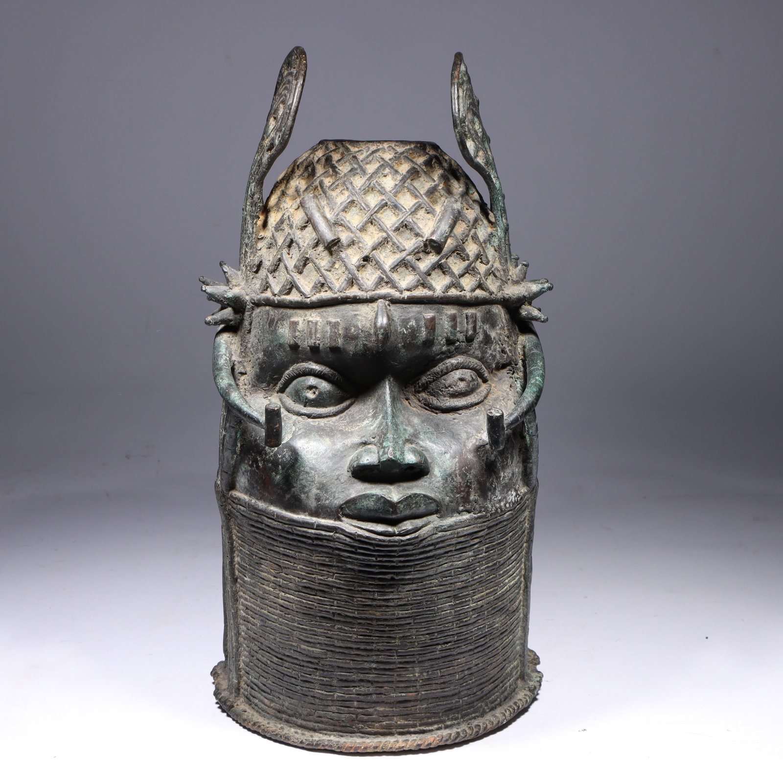 Benin Kingdom, ancestral memorial head, bronze helmet sculpture. 17 1/4"H x 8 1/4"Diam. (1 of 13)
