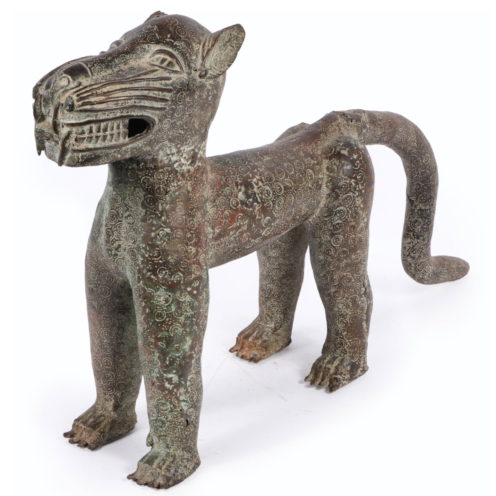 African Benin bronze tribal royal leopard statue, Nigeria. 15 3/4"H x 27 1/2"W (1 of 14)