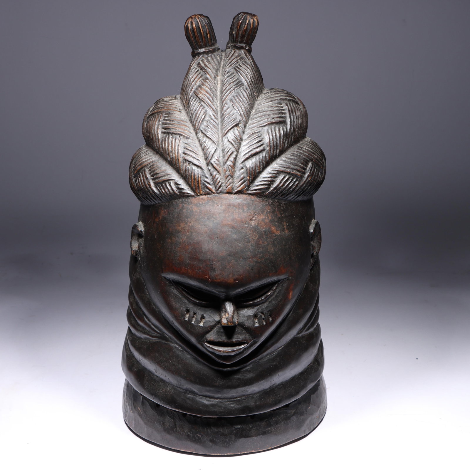 African Mende ceremonial Sowei carved wood helmet mask, Sierra Leone. 16 1/2"H x 8 1/4"Diam. (1 of 8)