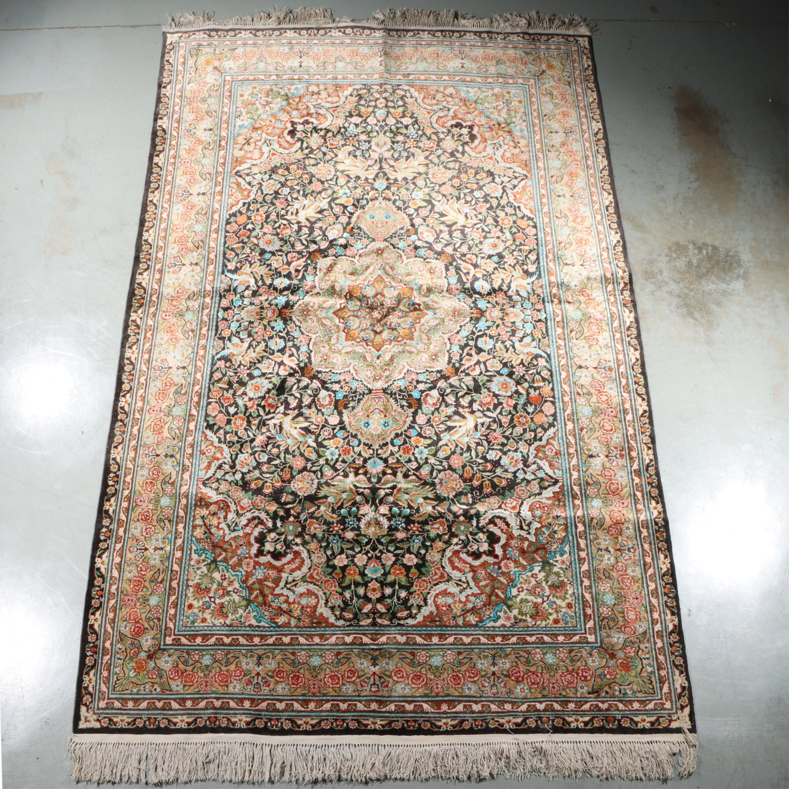 Persian Tabriz? silk estate rug carpet with floral motif and center medallion. 102 1/2"H x 59"W (1 of 13)