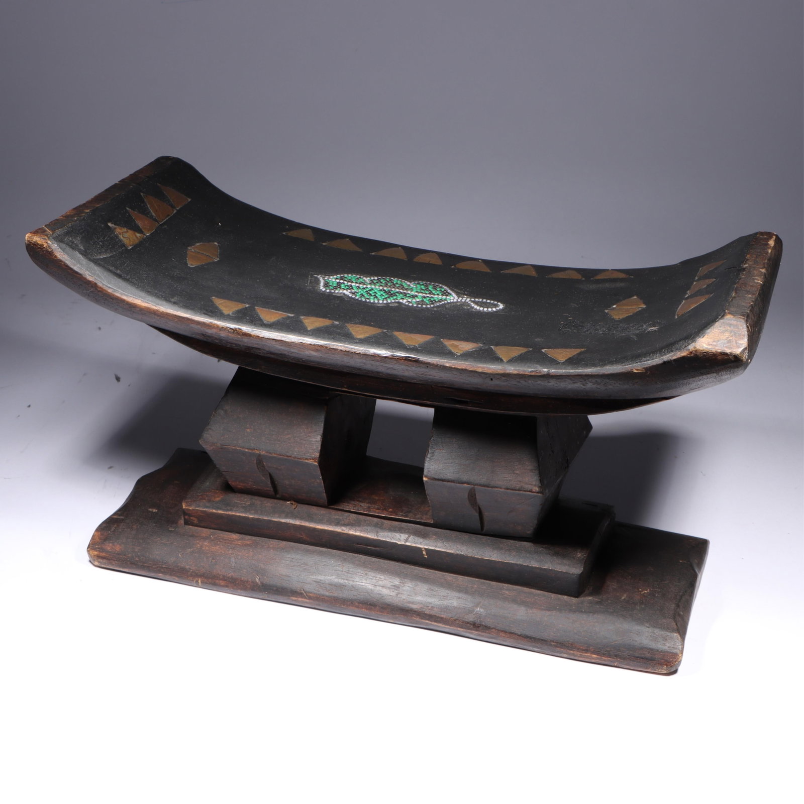 African Ashanti carved wood ceremonial stool with brass and bead inlay, 9 3/4"H x 17 1/2"W (1 of 13)