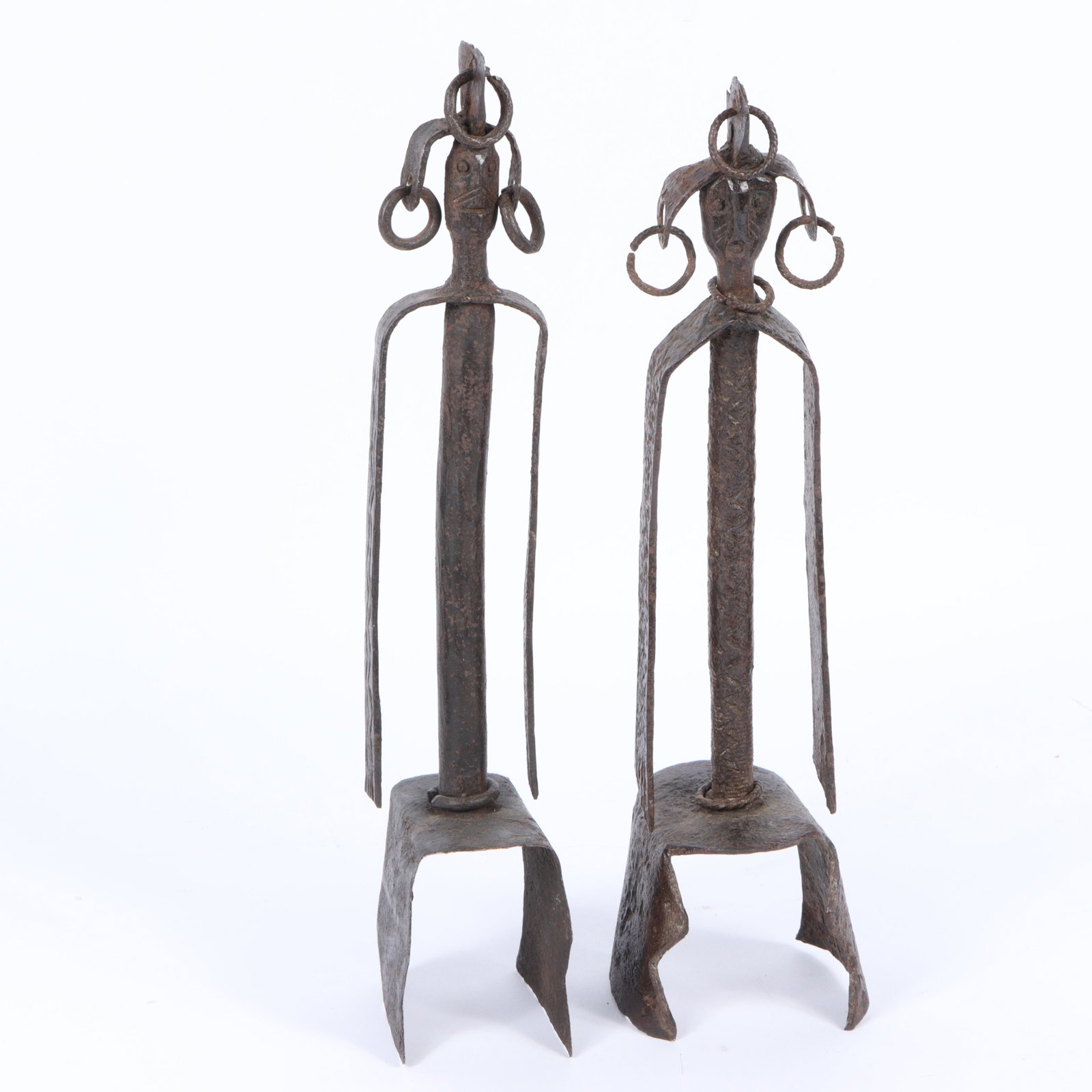 Two African Mumuye hammered hand forged iron ceremonial tribal figures sculptures, 17 1/2"H x 3"W x (1 of 18)